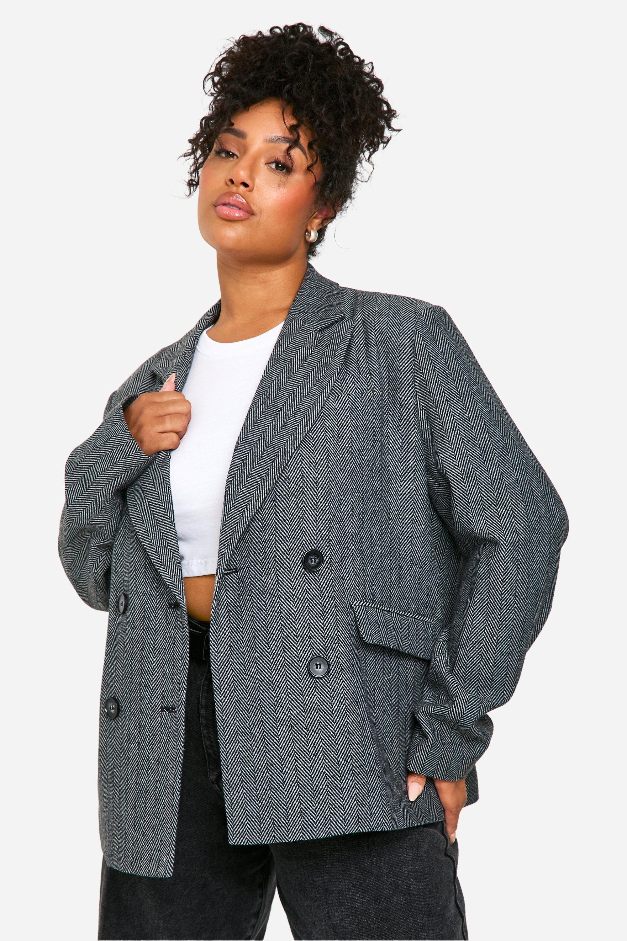 Boohoo Plus Wollen Herringbone Blazer Met Dubbele Knopen, Charcoal