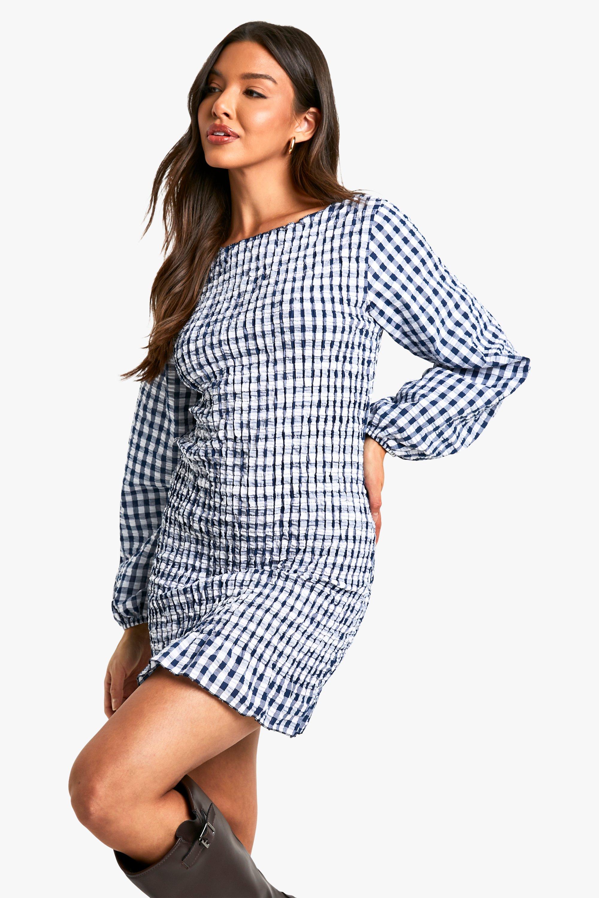 Boohoo Geplooide Gingham Mini Jurk Met Lange Mouwen, Navy