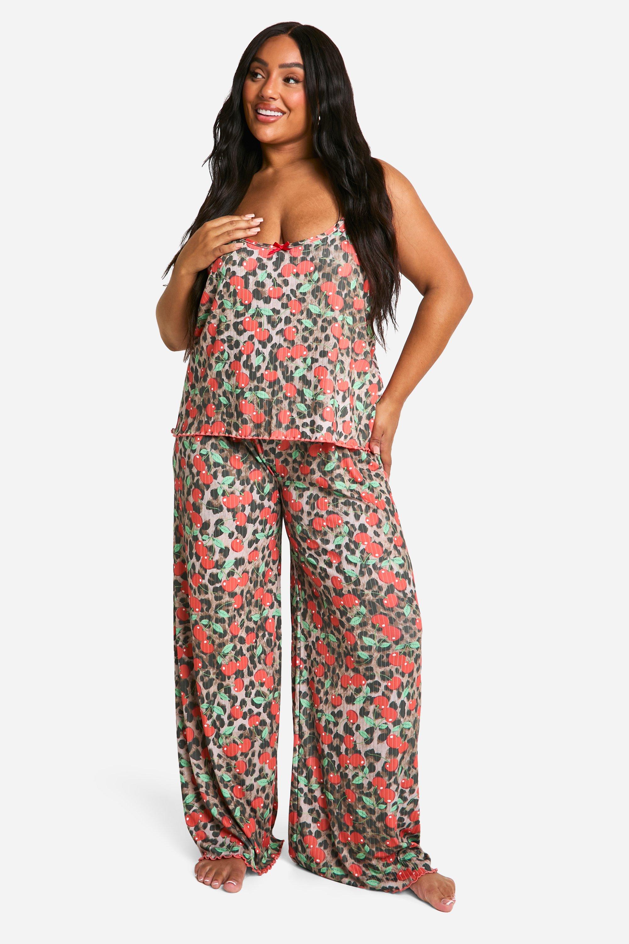 Womens Plus Leopard Cherry Print Cami & Trouser Pj Set - Multi - 28, Multi