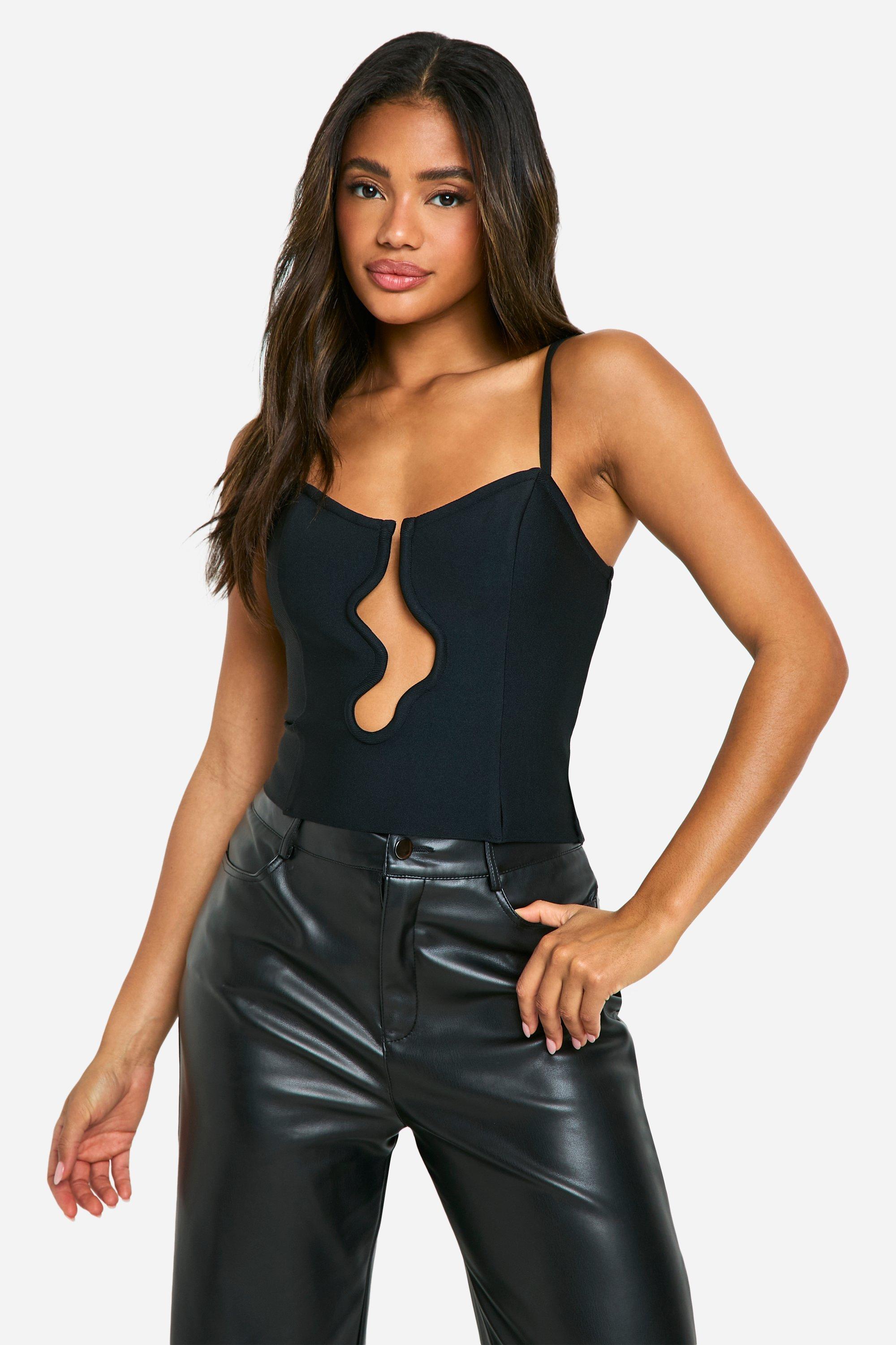 Image of Top a corsetto fasciante a onde con cut-out, Nero