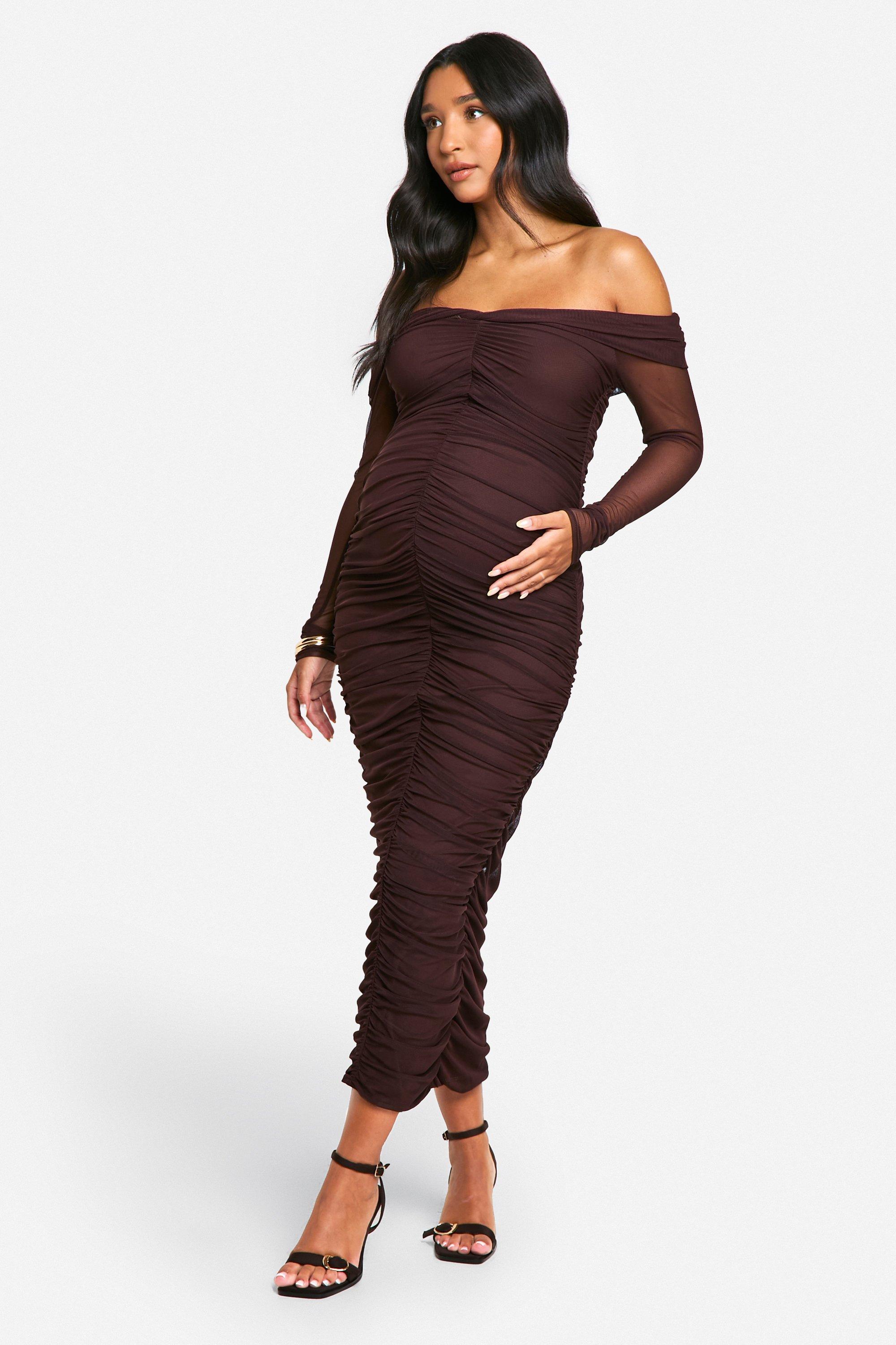 Boohoo Strakke Geplooide Off Shoulder Midaxi Jurk Met Lange Mouwen, Chocolate