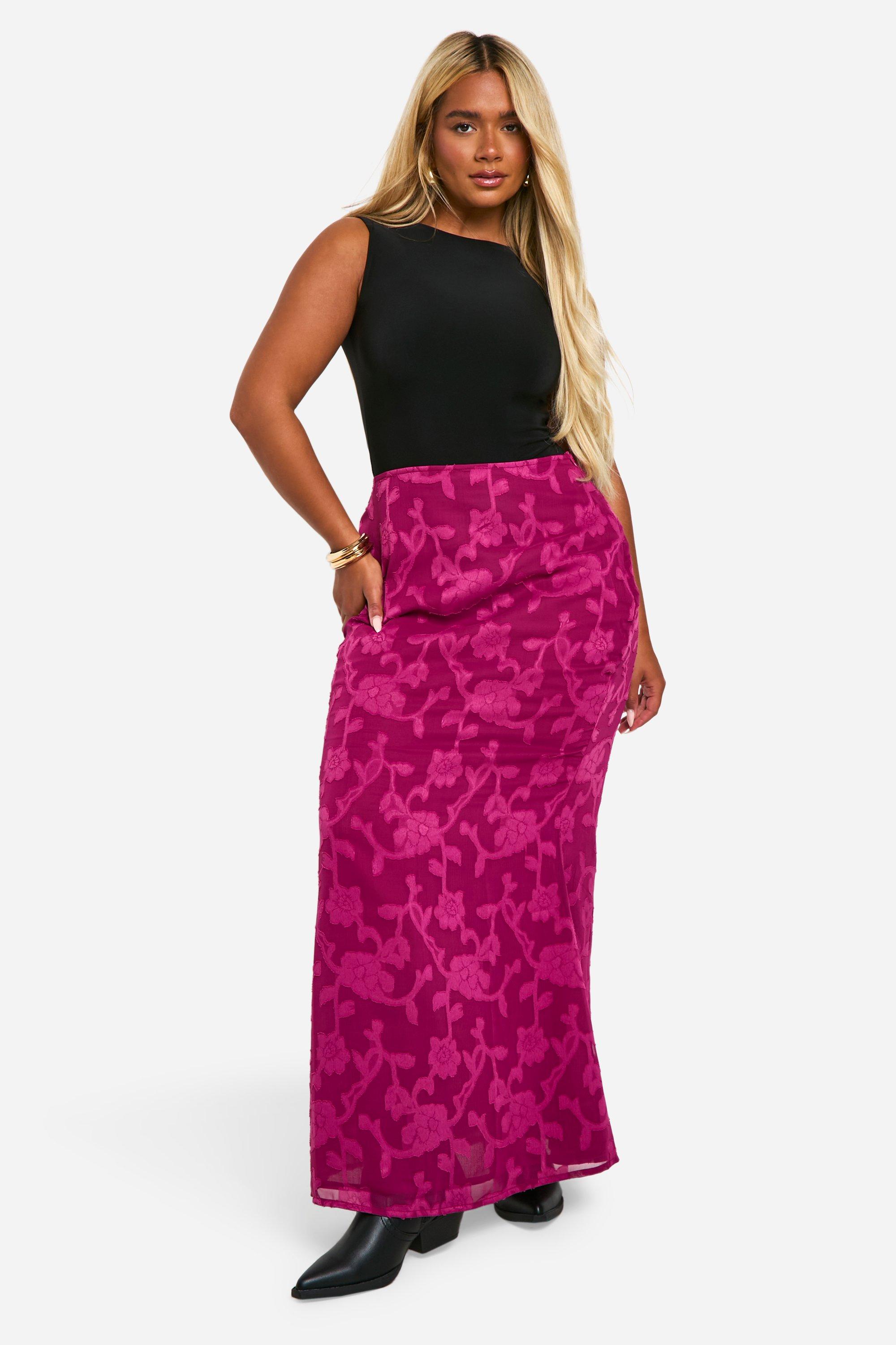 Boohoo Plus Burnout Bloemen Maxi Rok, Plum