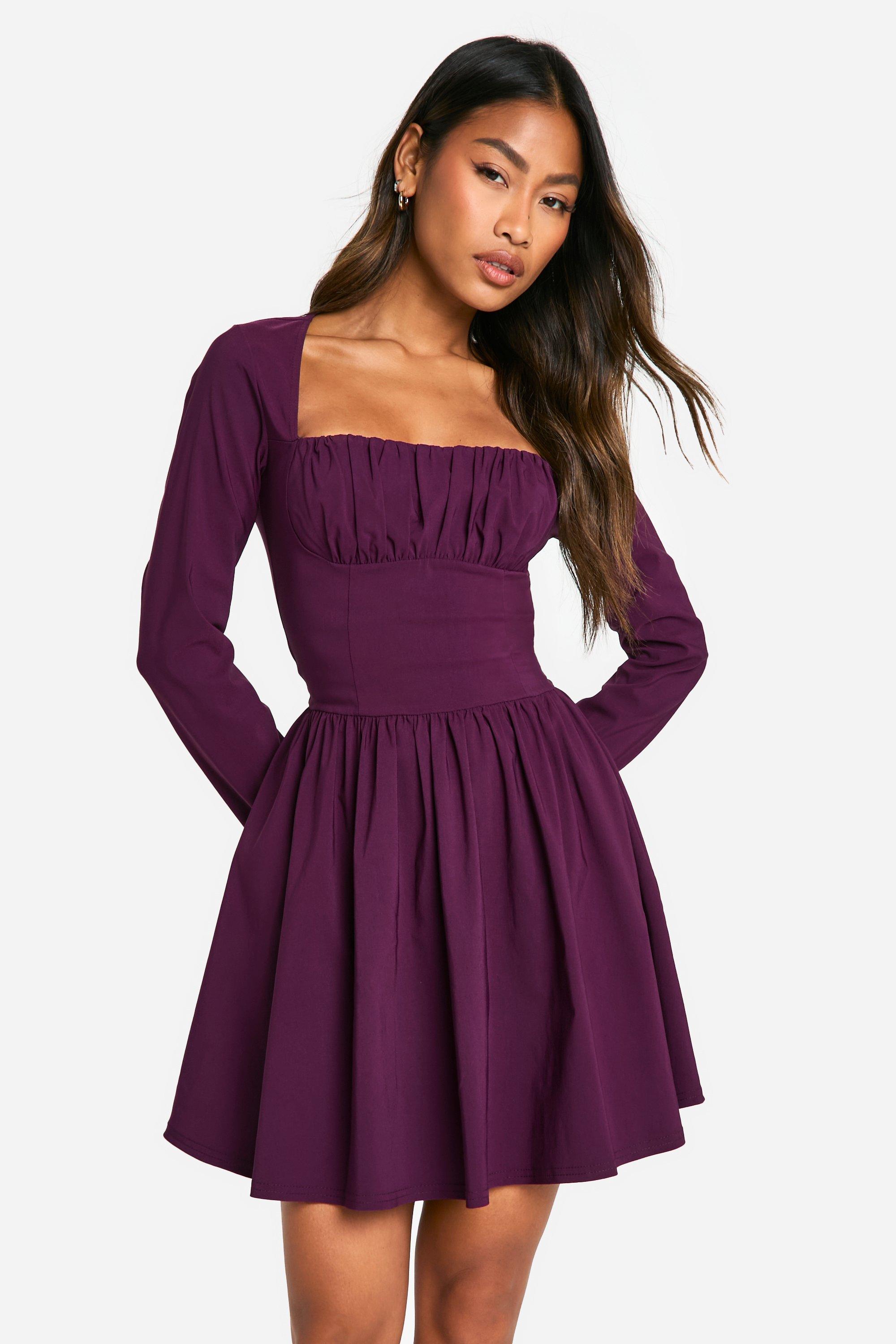 Boohoo Bengaline Skater Jurk Met Korset Detail En Lange Mouwen, Plum