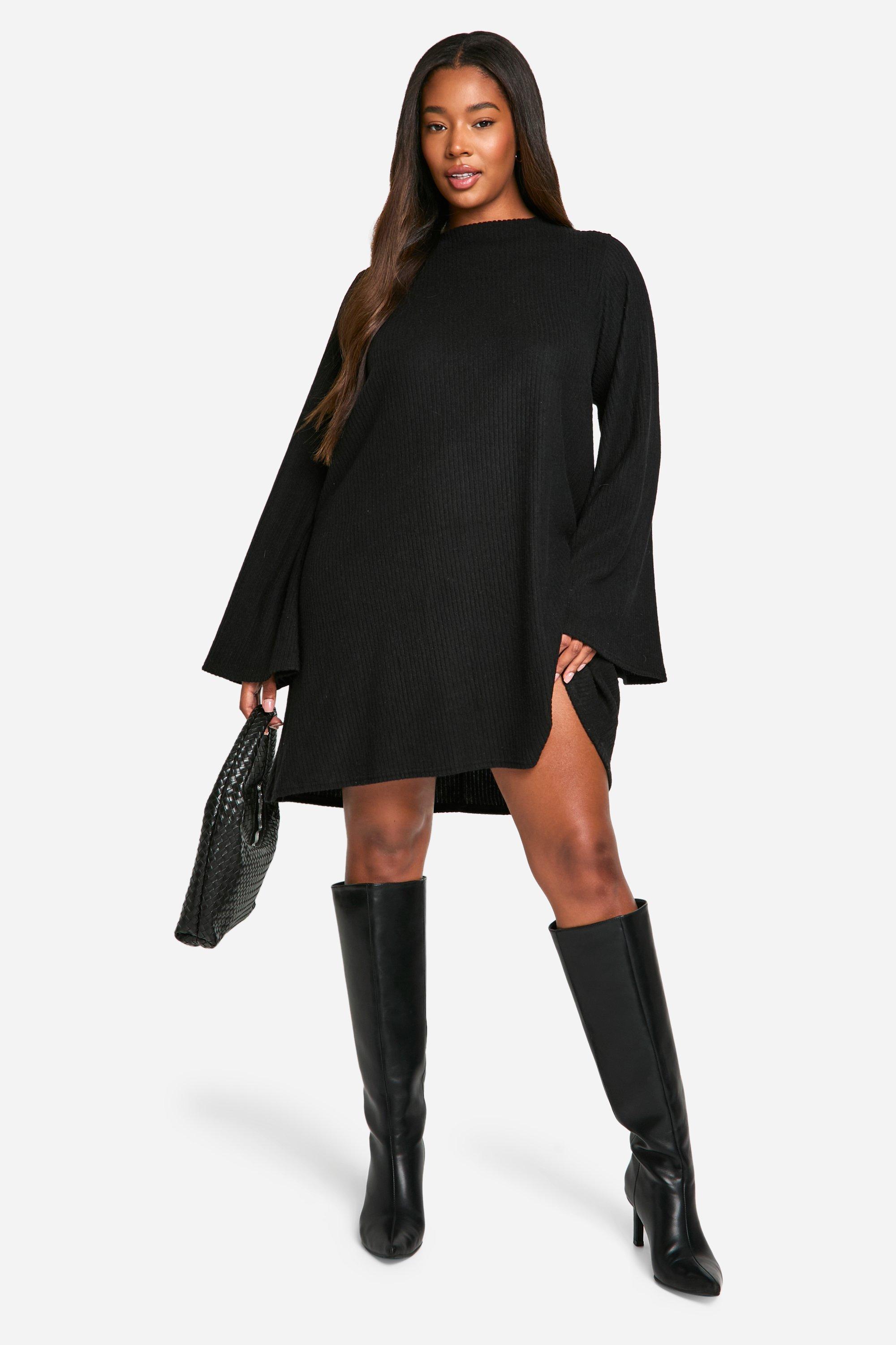 Image of Vestito grembiule Plus Size a coste morbide con laccetti sul retro, Nero