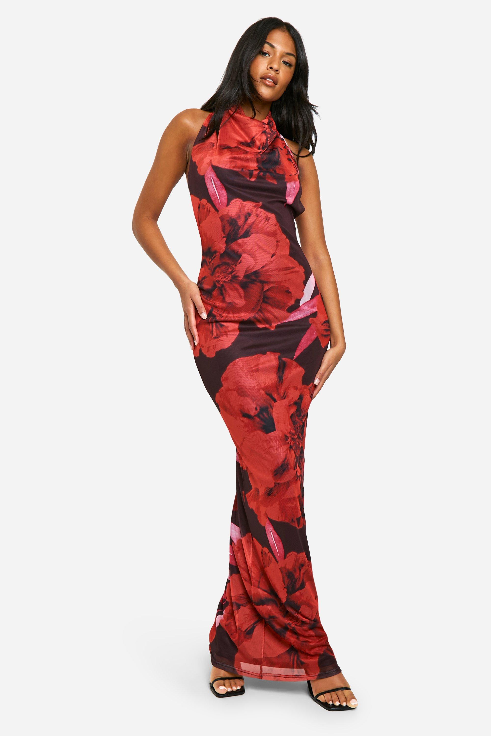 Boohoo Tall Bloemen Maxi Jurk Met Hoge Hals En Losse Col, Red