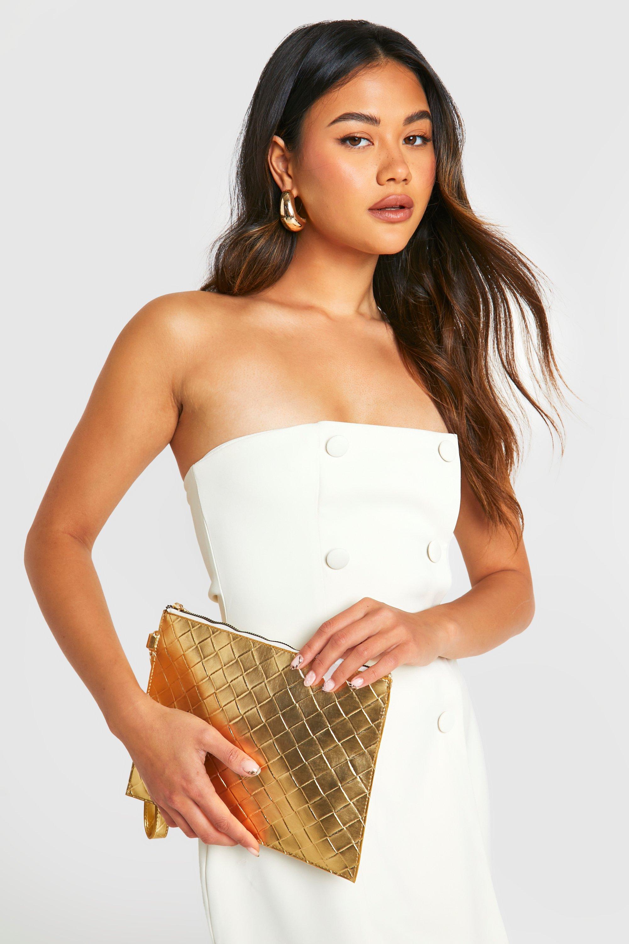 Womens Metallic Woven Clutch Bag - Gold - One Size, Gold