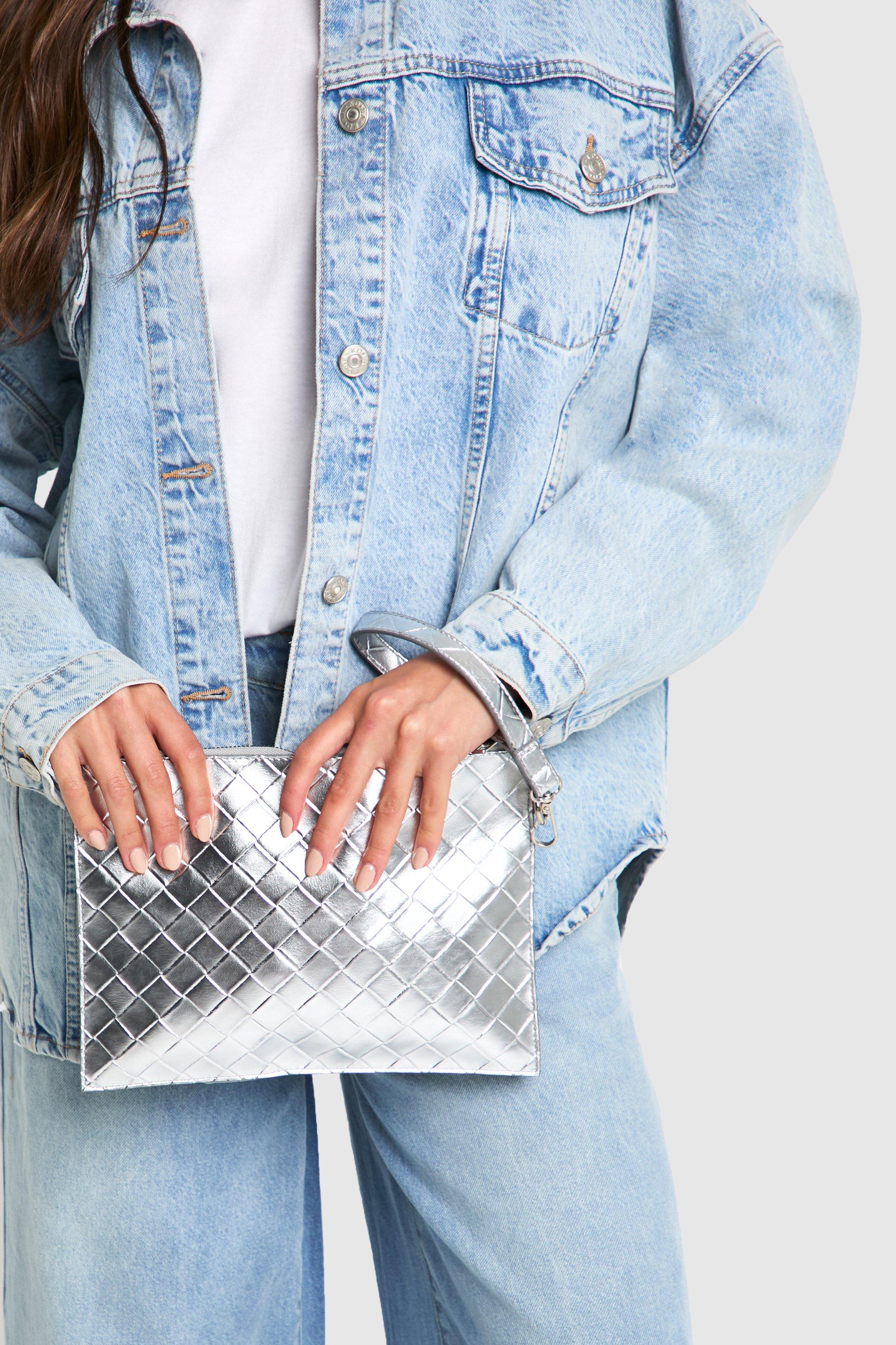 Womens Metallic Woven Clutch Bag - Grey - One Size, Grey