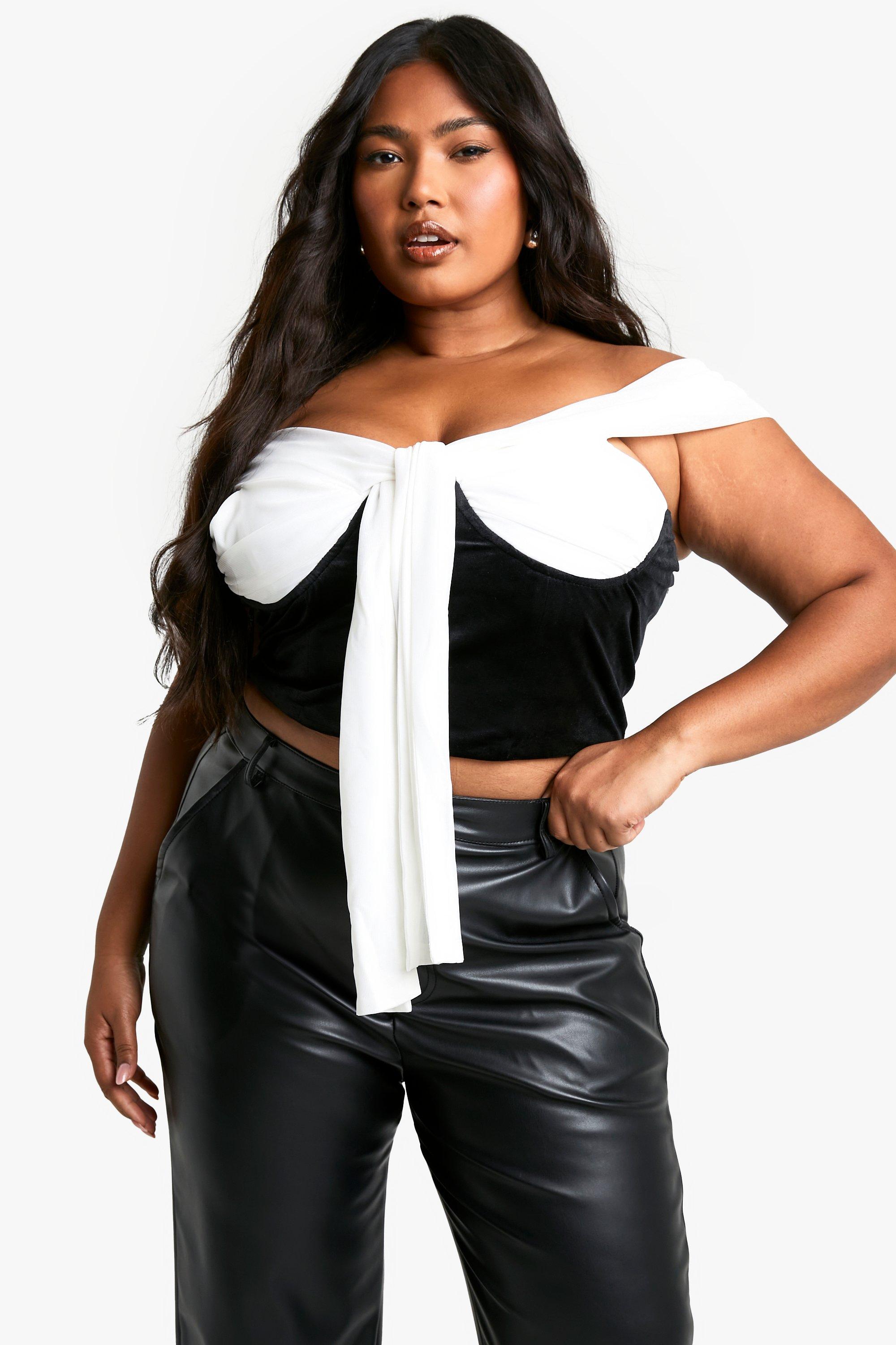 Image of Top a corsetto Plus Size in rete e velluto con laccetti frontali e scollo Bardot, Nero
