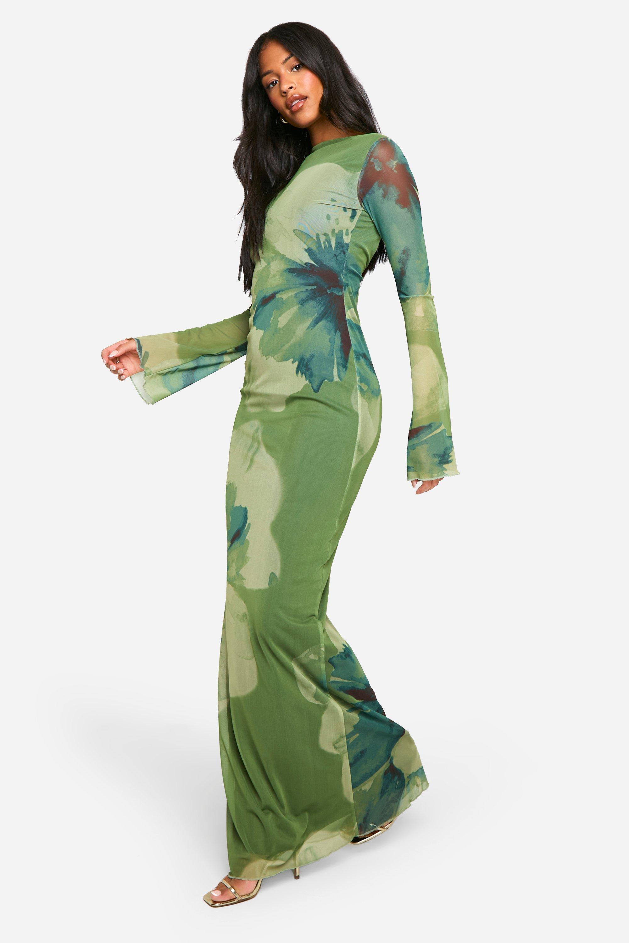 Boohoo Tall Bloemen Maxi Jurk Met Open Rug, Green