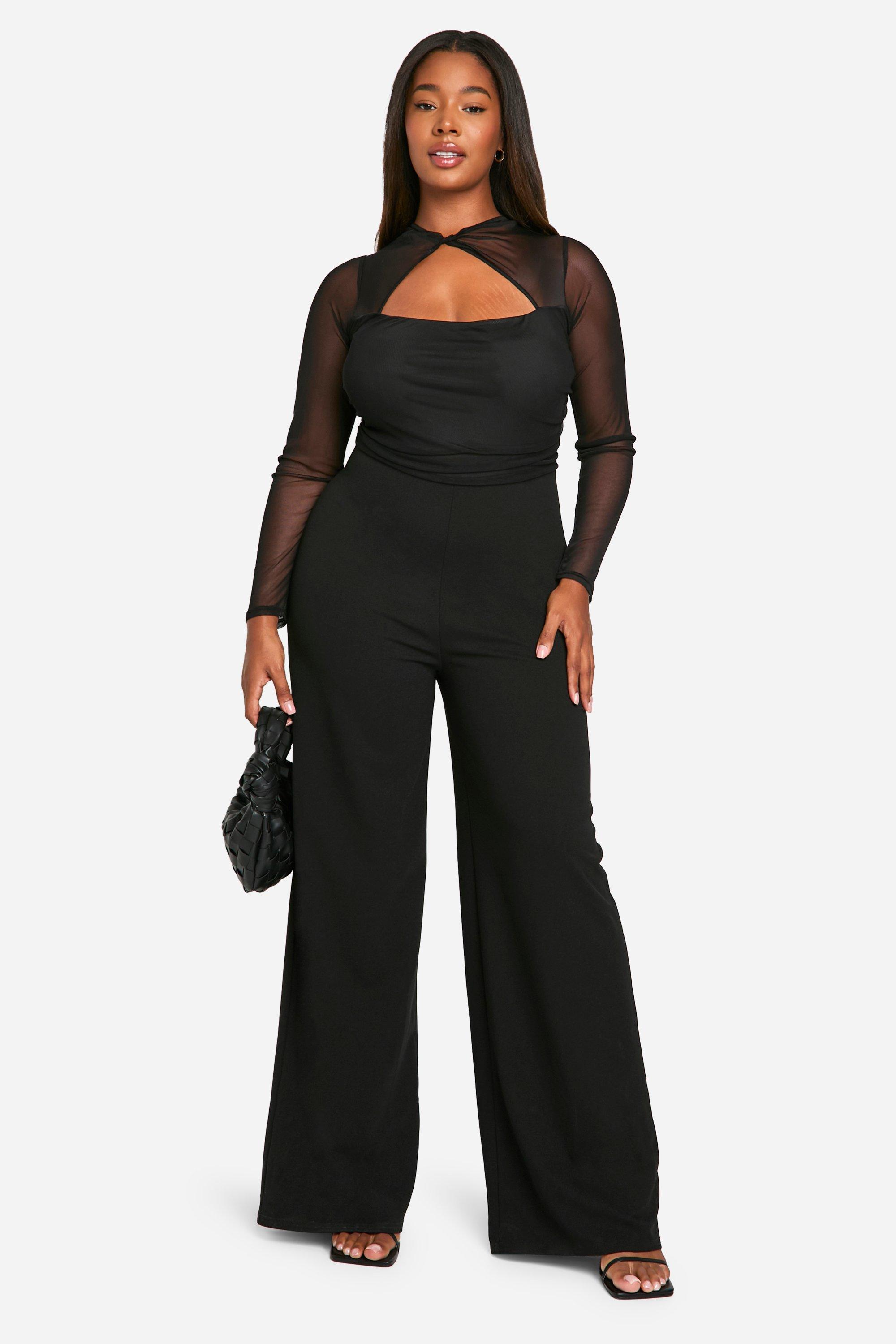 Image of Tuta intera Plus Size a gamba ampia in rete con dettagli attorcigliati, Nero