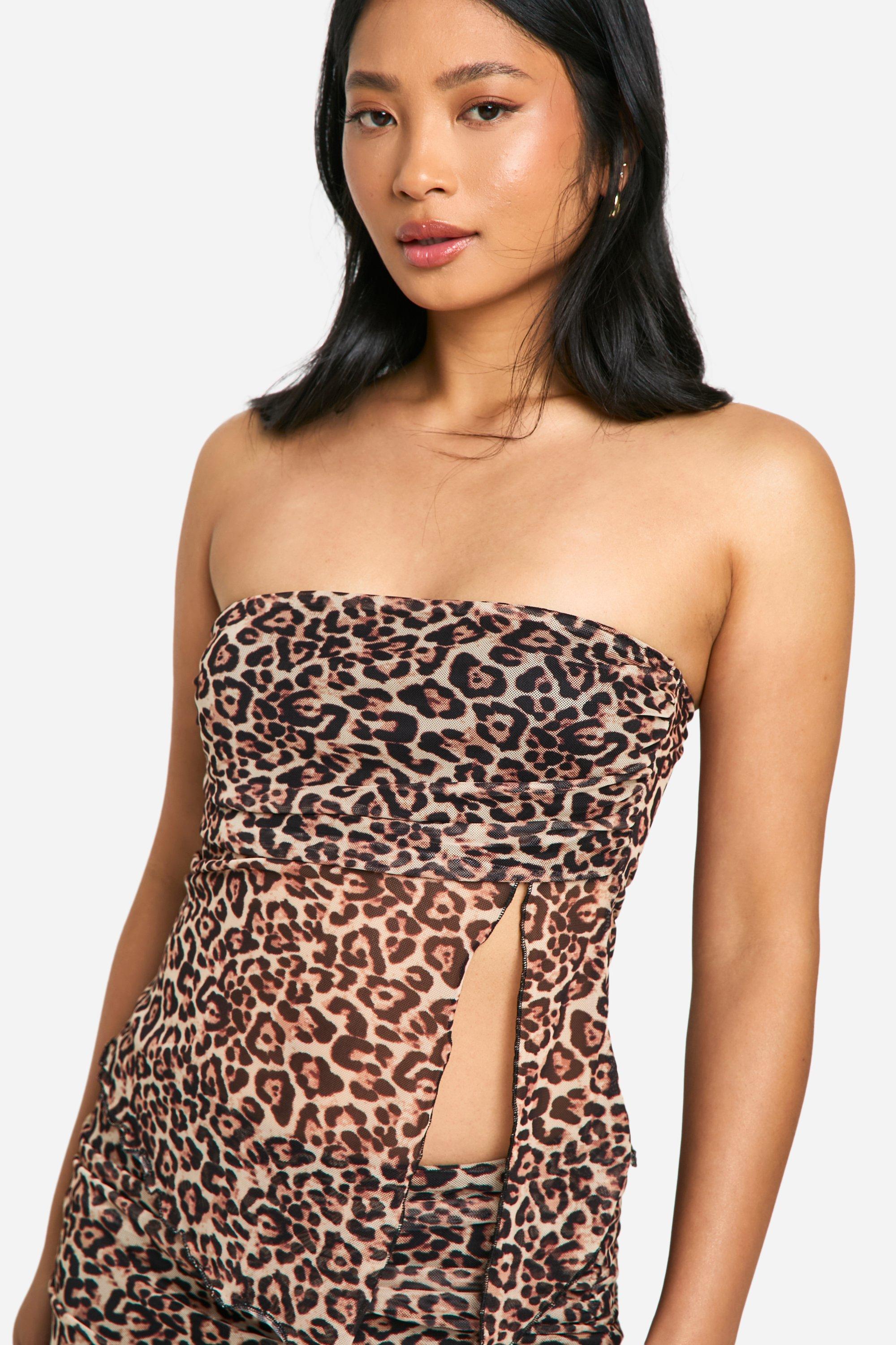 Boohoo Petite Mesh Luipaardprint Bandeau Top, Tan