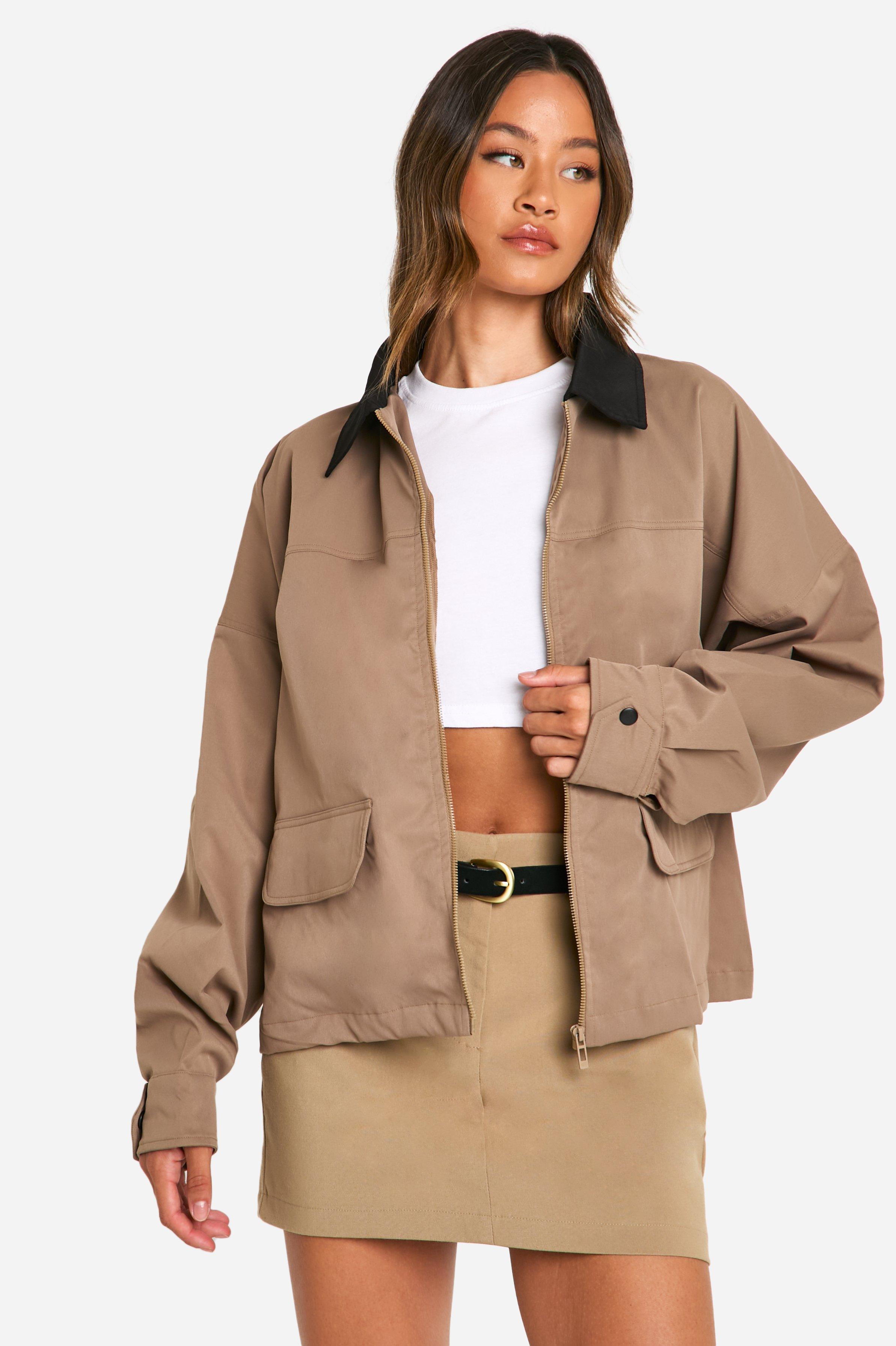 Womens Tall Contrast Collar Oversized Harrington Jacket - Beige - 14, Beige