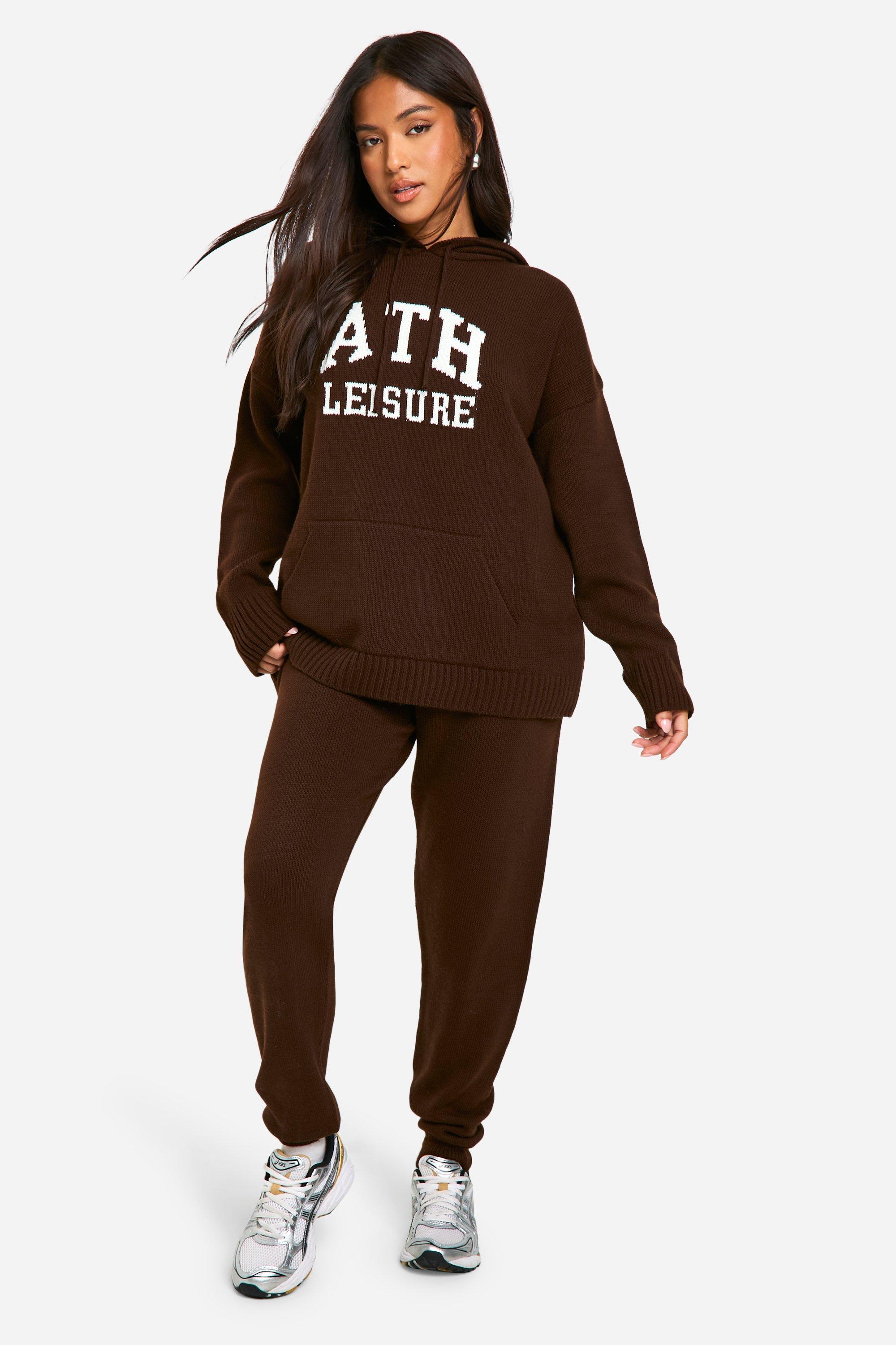 womens petite ath leisure embroidered knitted oversized hoody and cuffed jogger set - brown - s, brown