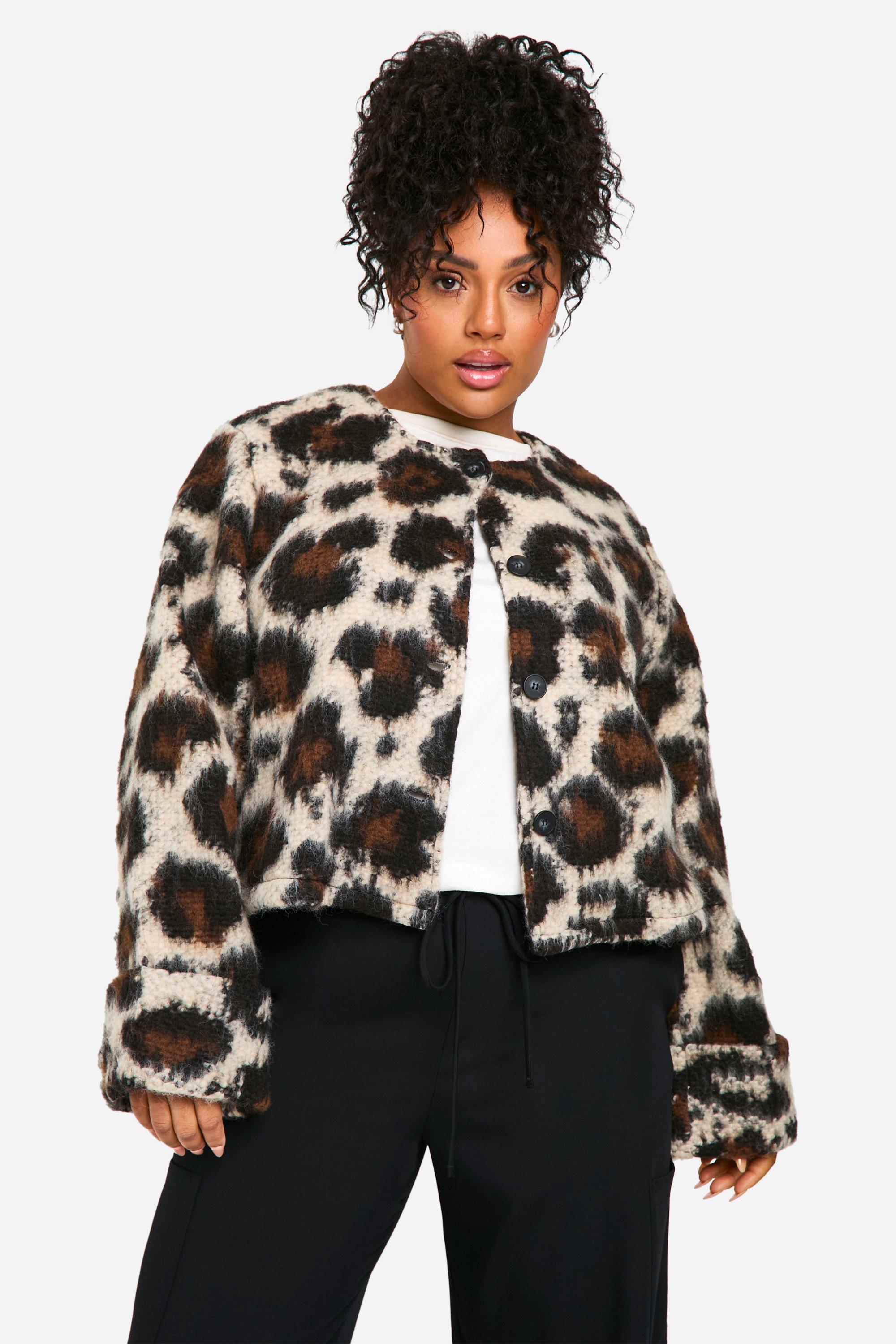 Image of Giacca Plus Size in lana leopardata senza colletto, Multi