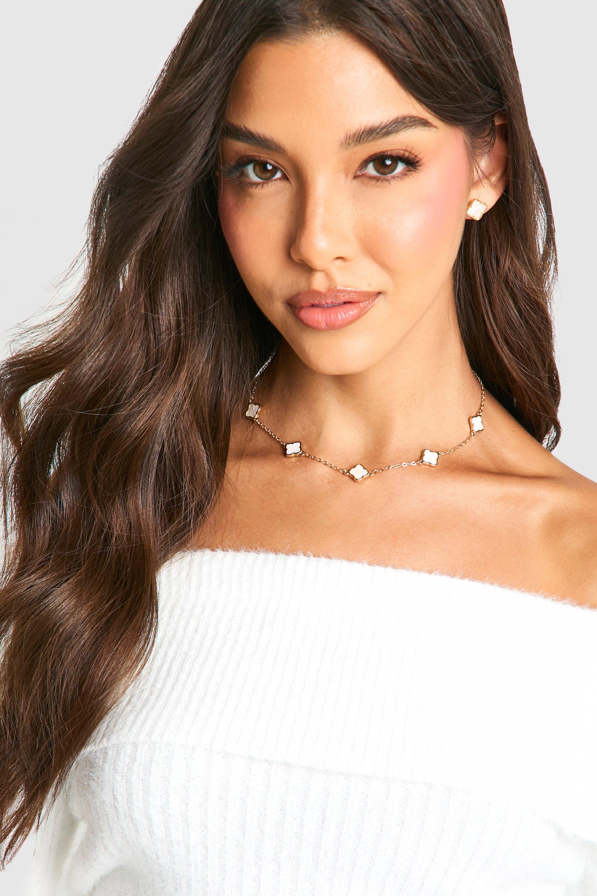 Womens Pearl Multi Clover Necklace - White - One Size, White