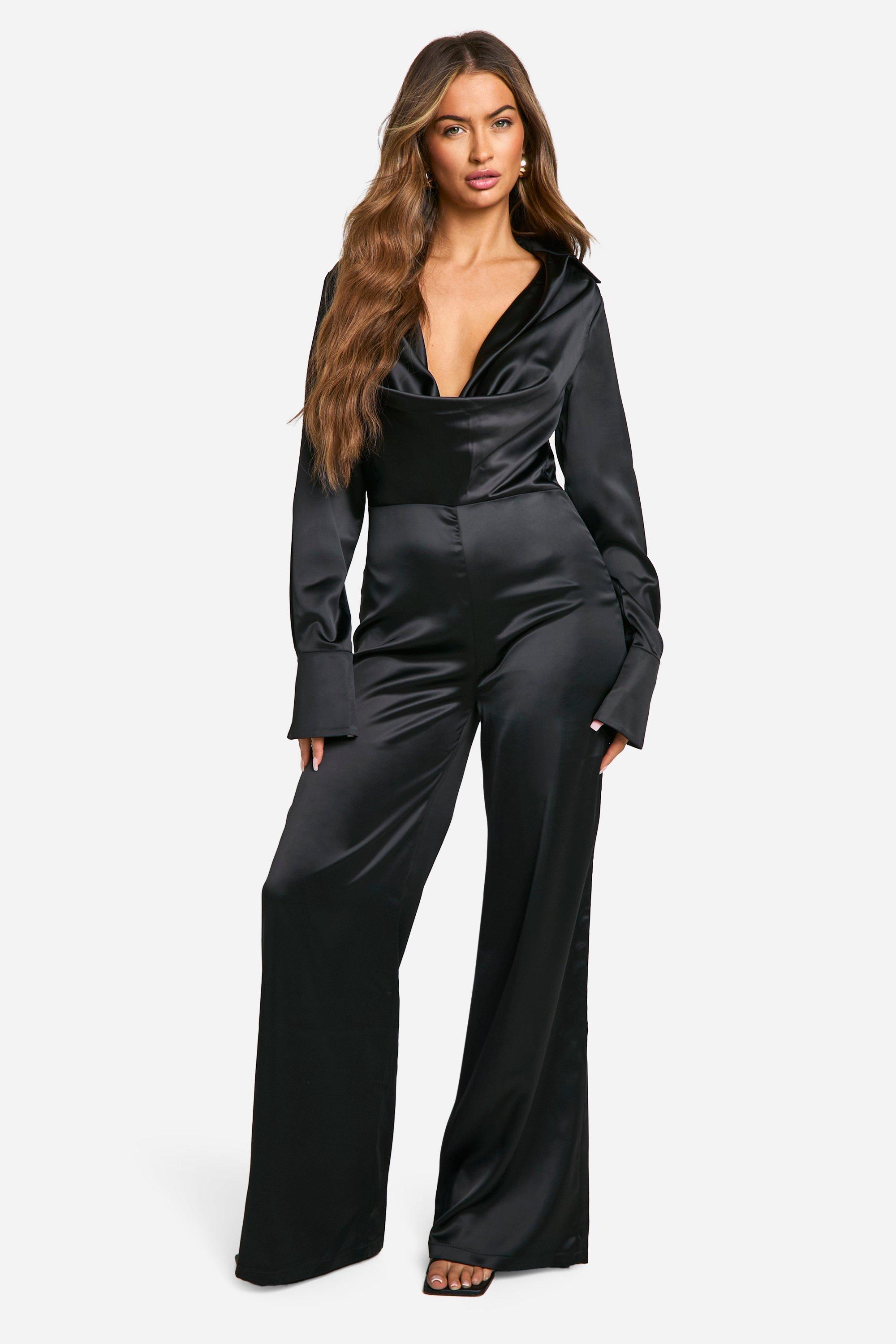 Womens Cowl Satin Shirt Jumpsuit - Black - 10, Black