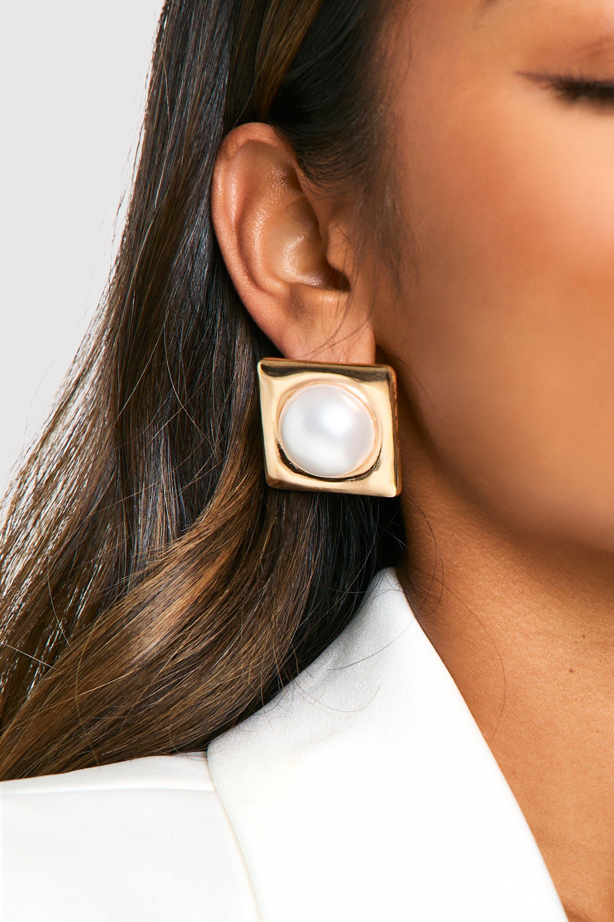 Womens Large Pearl Square Statement Stud Earrings - White - One Size, White