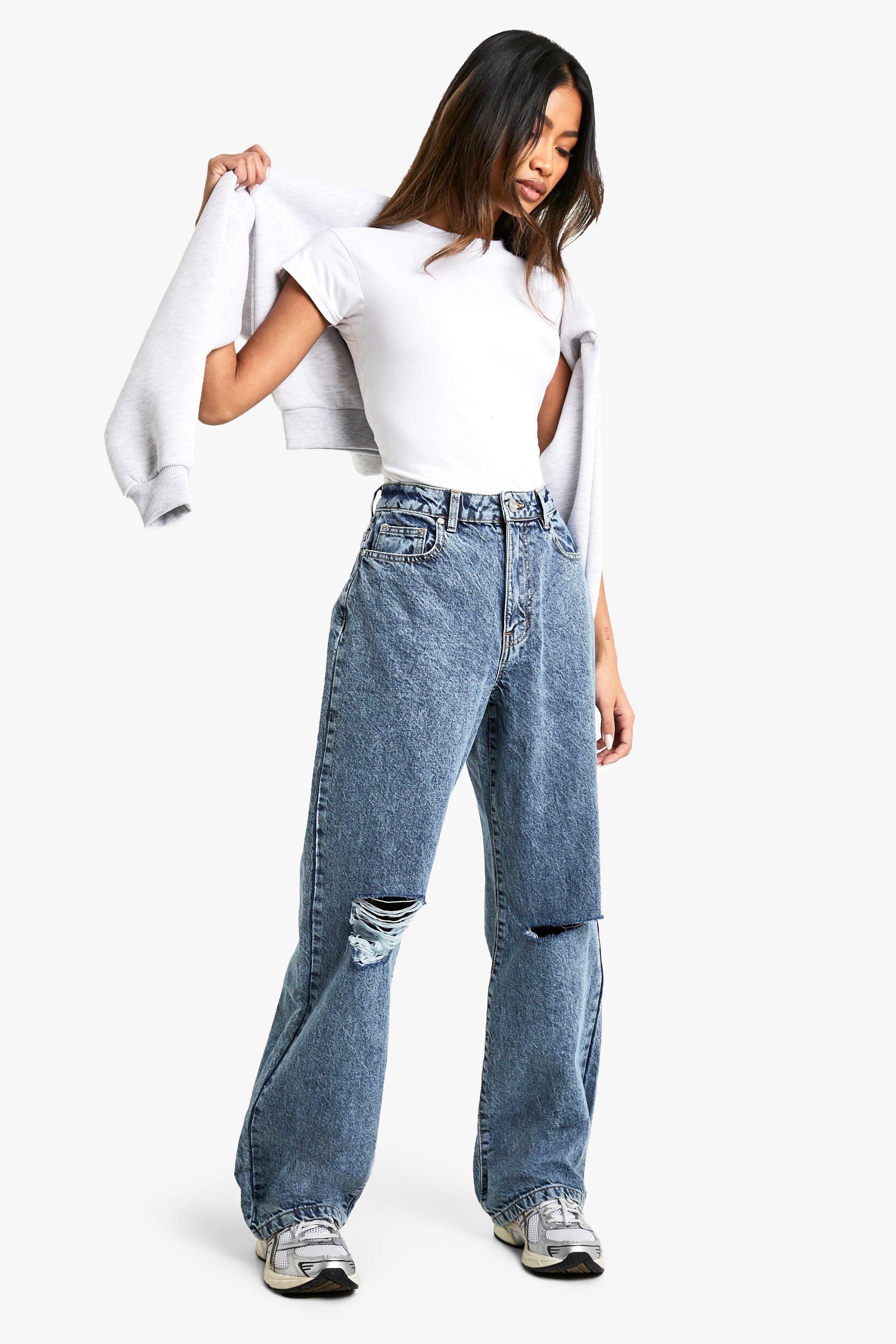 Boohoo Basic Boyfriend Jeans Met Gescheurde Knieën, Vintage Wash