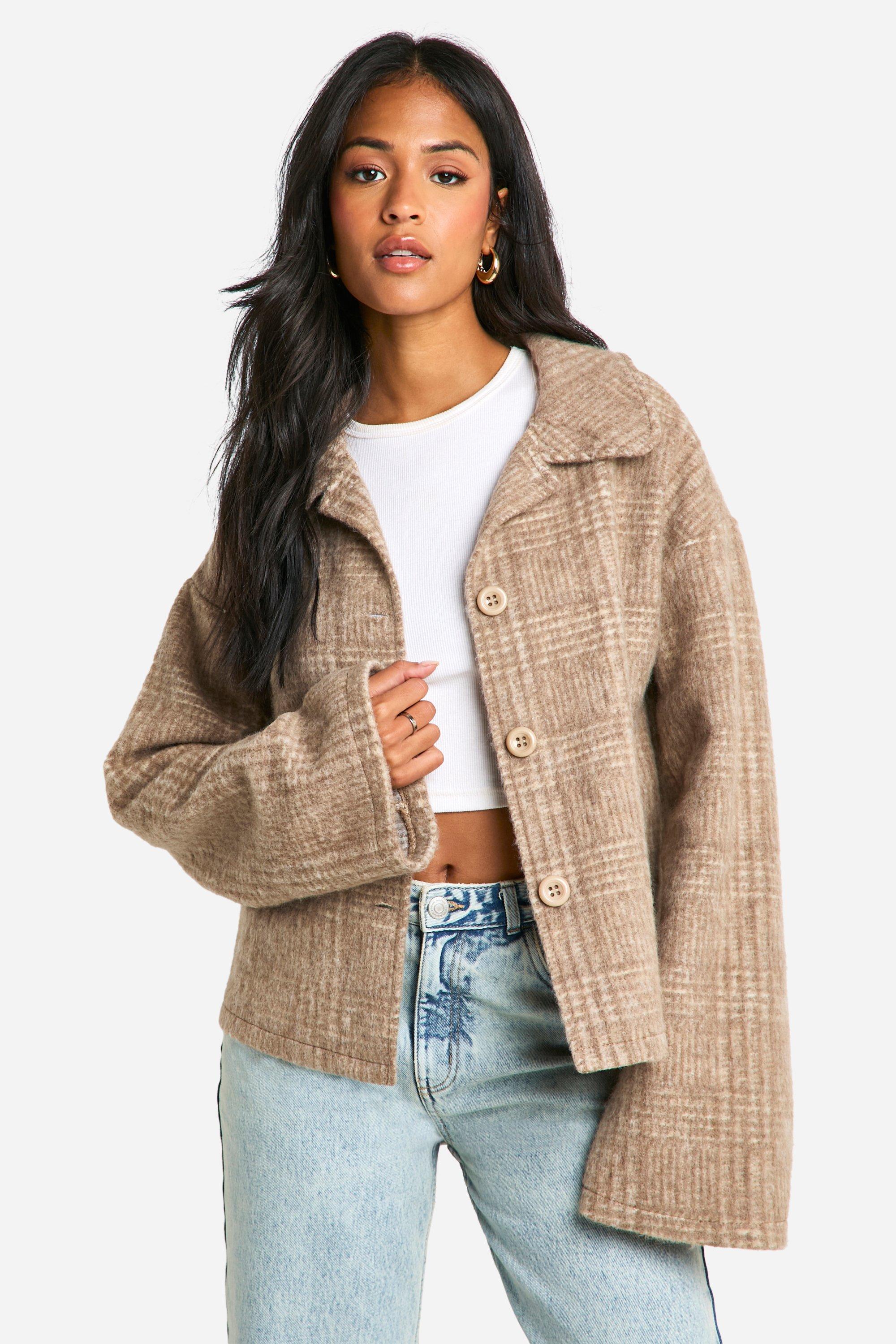 Womens Tall Check Wool Look Jacket - Beige - 8, Beige