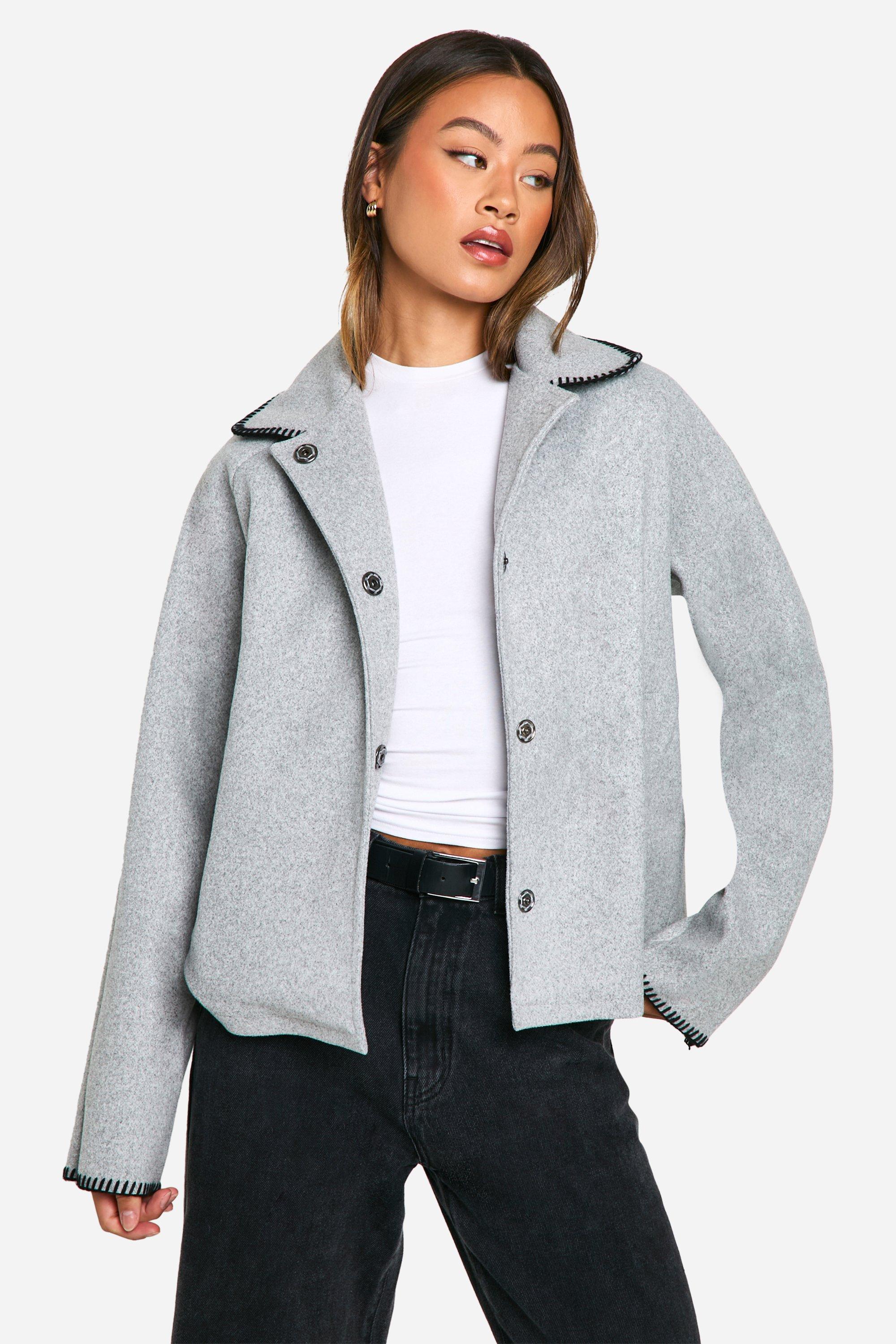 Womens Tall Blanket Stitch Wool Look Jacket - Grey - 16, Grey