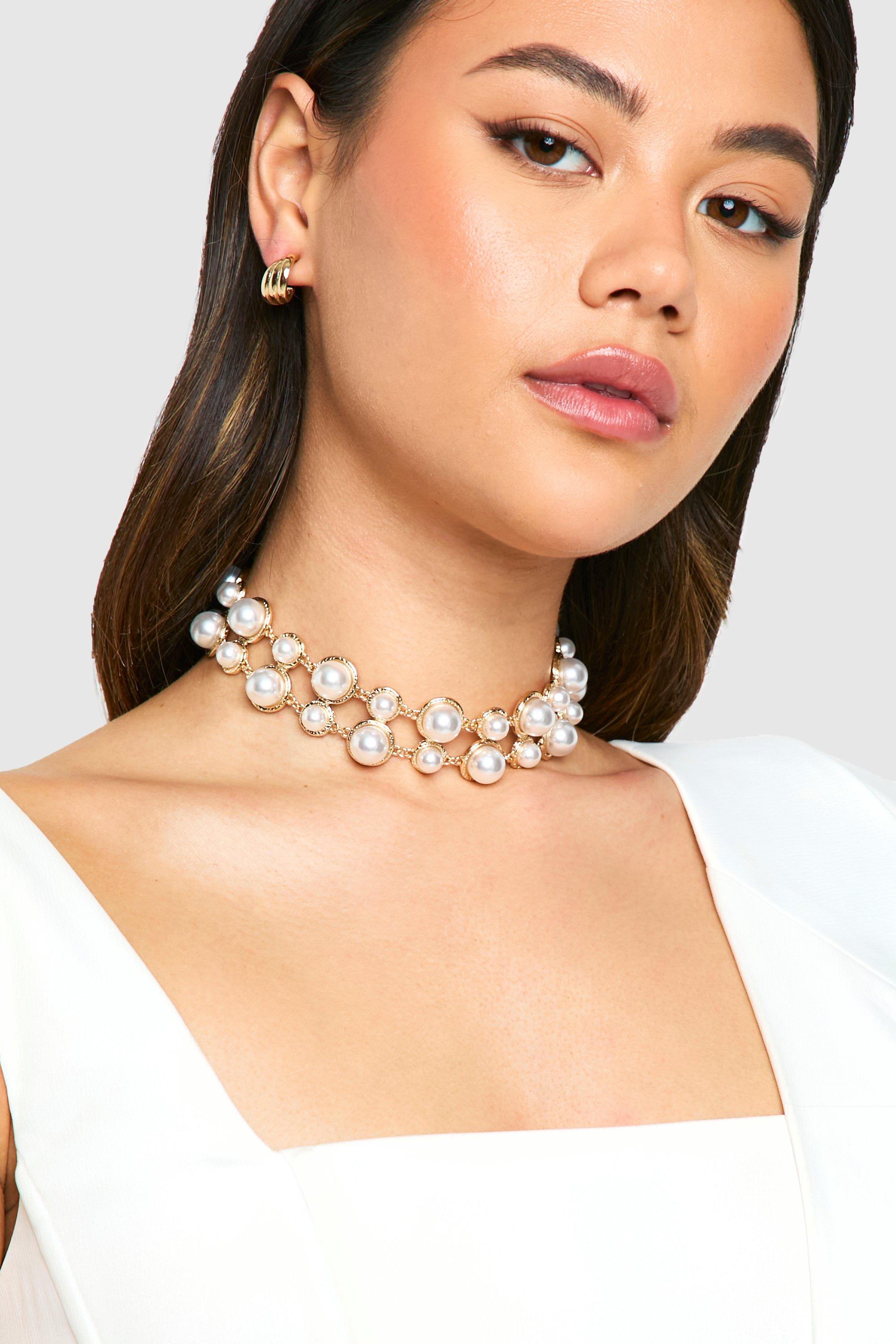 Womens Double Layered Statement Pearl Choker - White - One Size, White