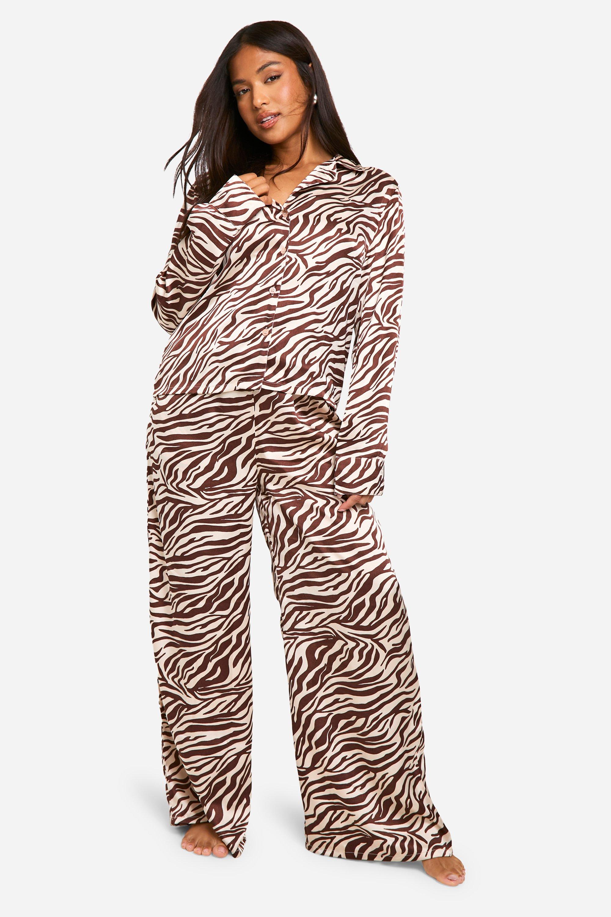 Womens Petite Zebra Print Satin Pj Trouser Set - Black & White - 8, Black & White