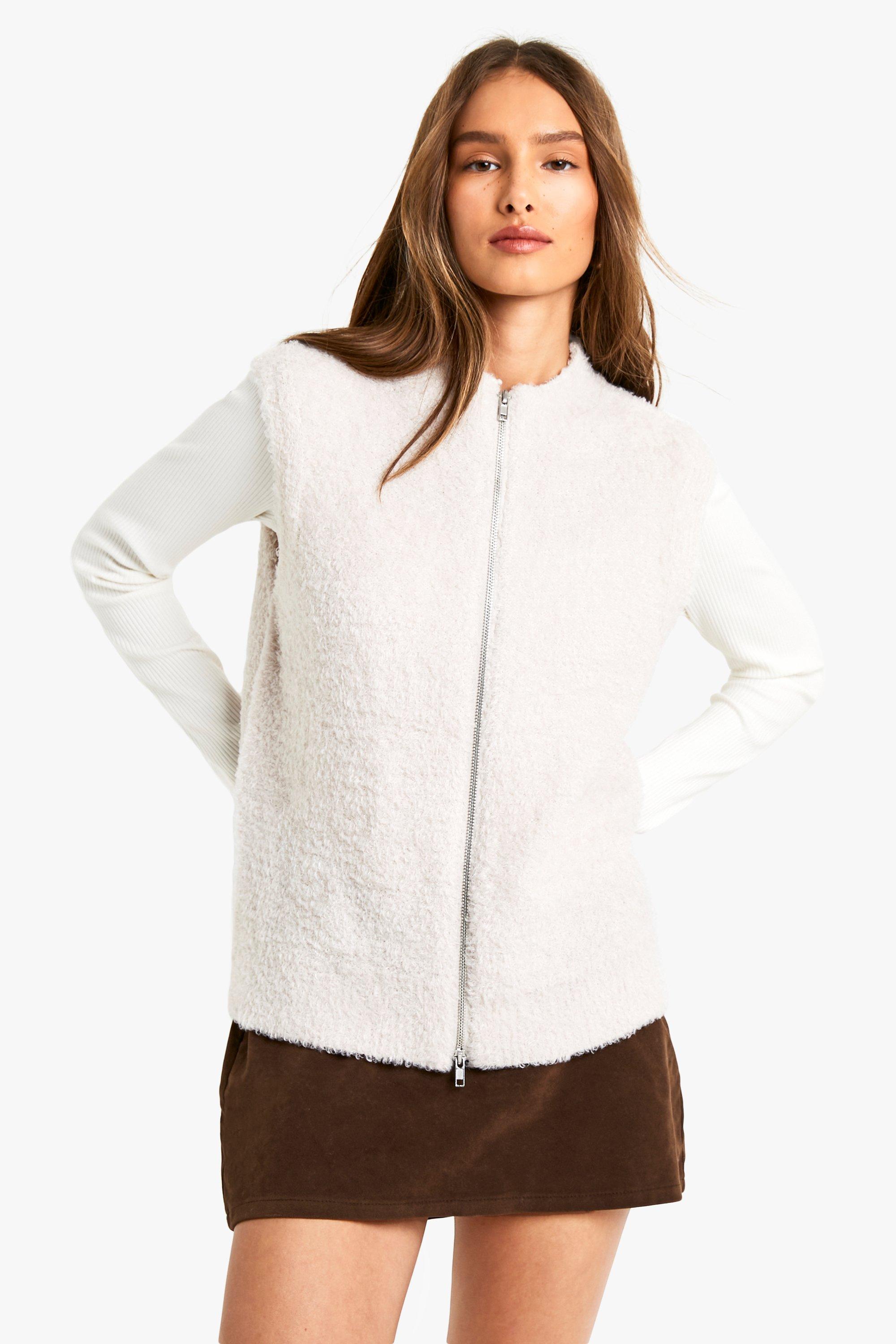 Giacca smanicata in maglia in bouclé con zip, Beige