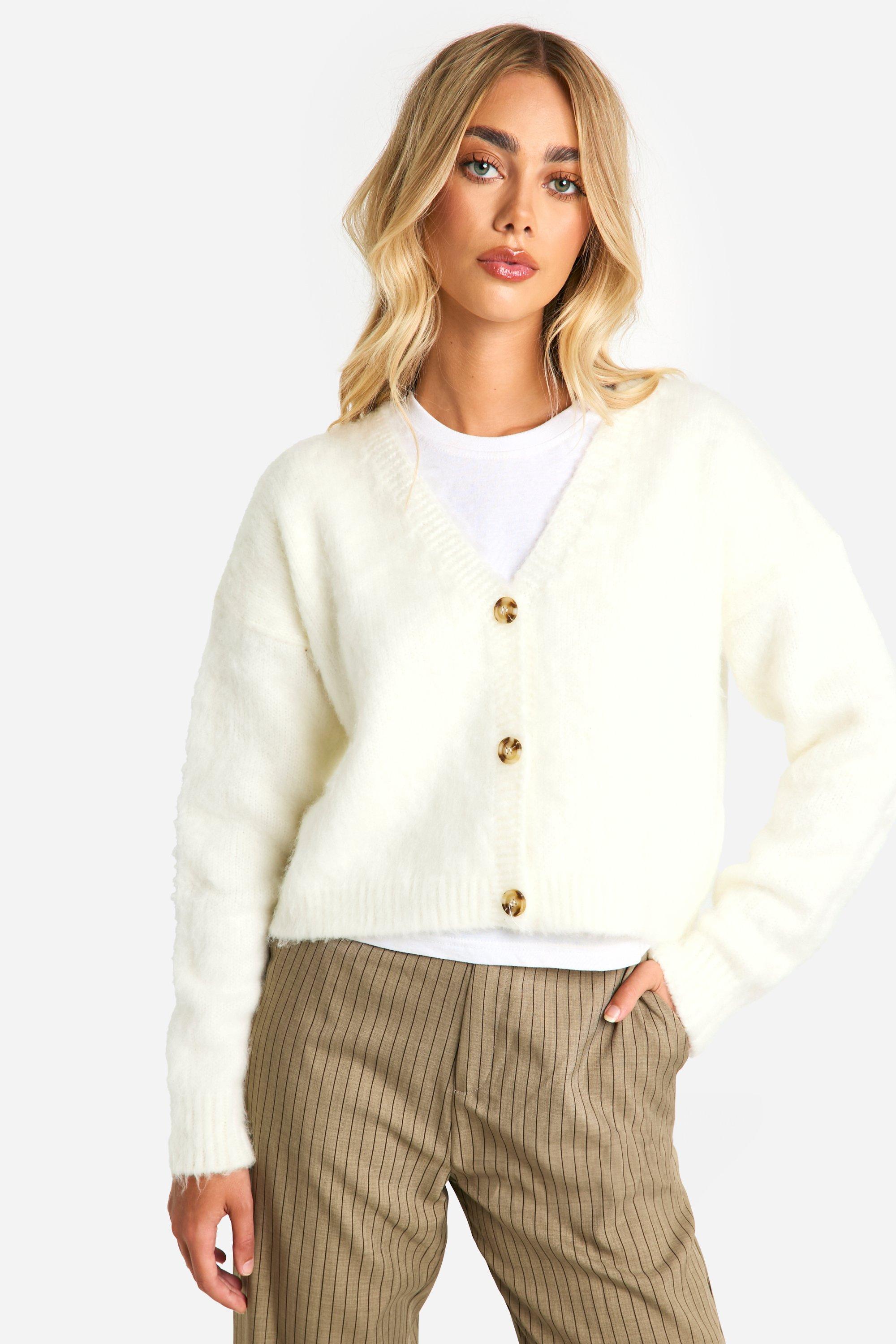 Boohoo Korte Pluizige Gebreide Baggy Cardigan, Cream