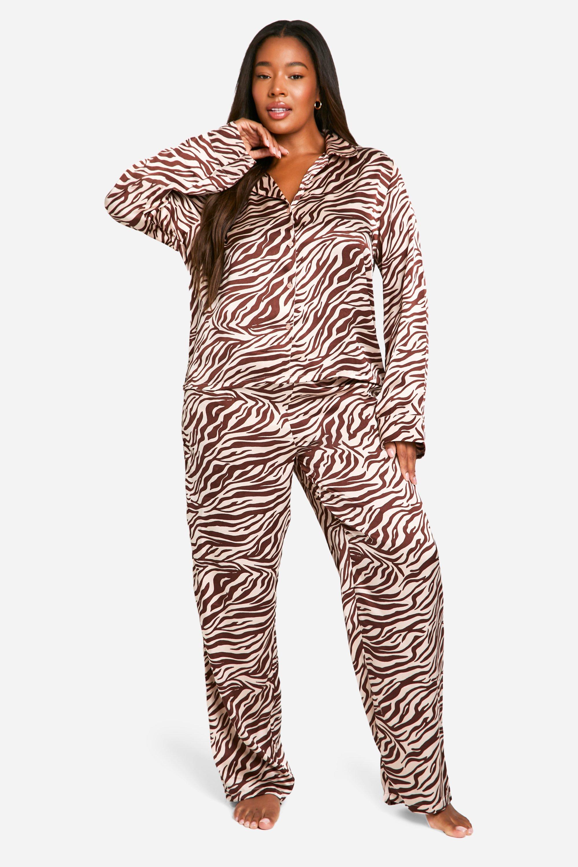 Womens Plus Zebra Print Satin Pj Trouser Set - Black & White - 18, Black & White