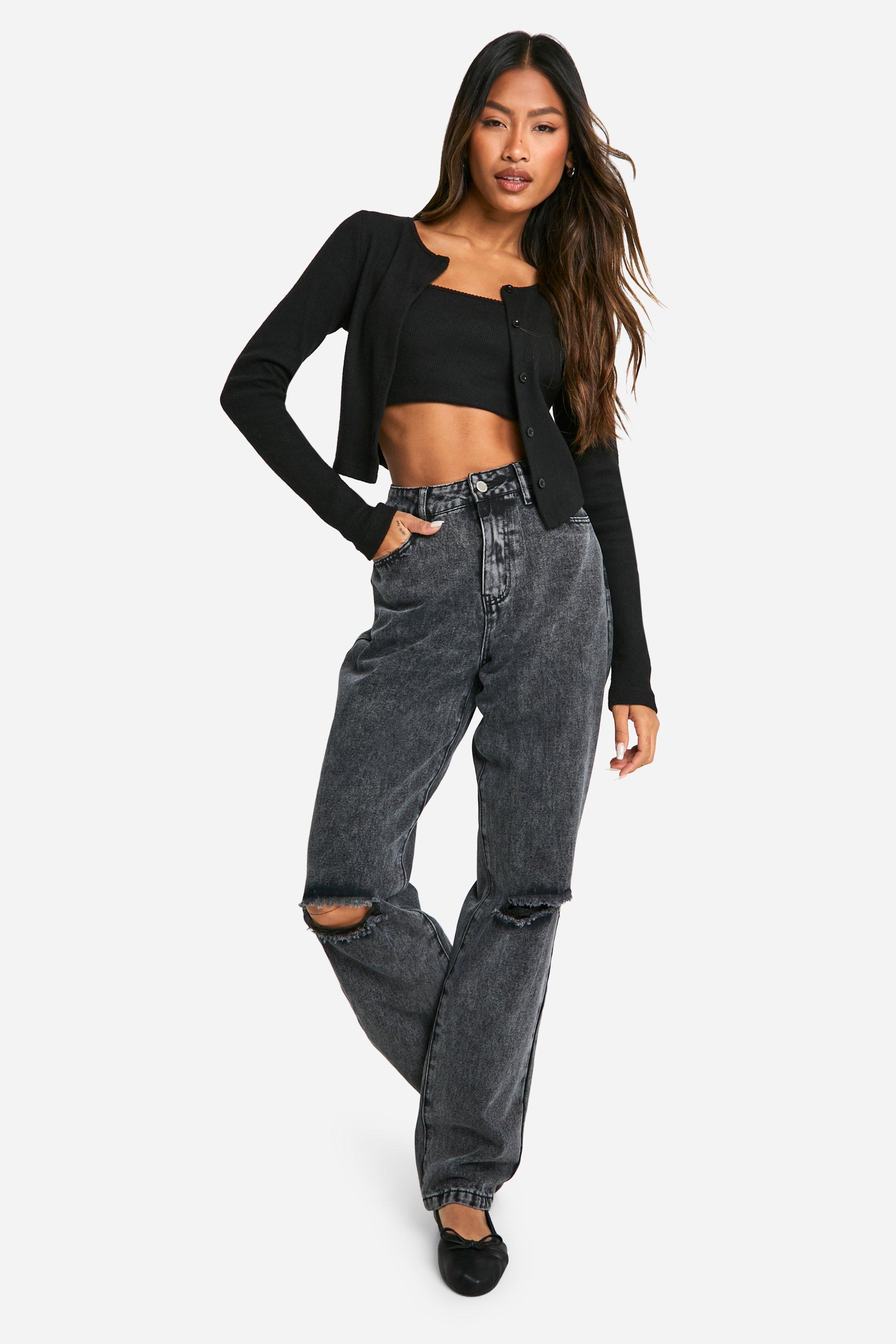 Boohoo Basic Jeans Met Rechte Pijpen En Gescheurde Knieën, Washed Black