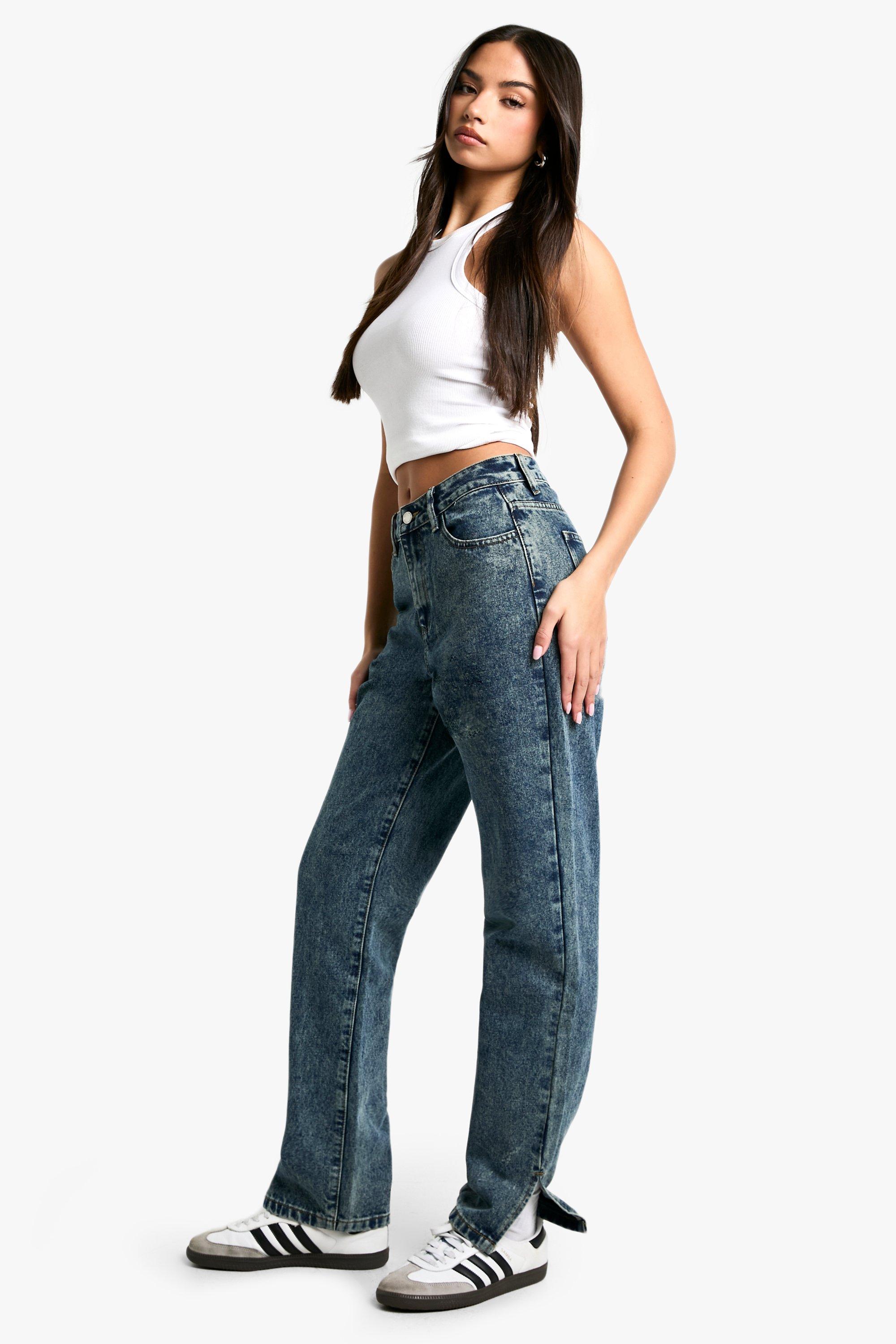 Boohoo Basic Jeans Met Split En Rechte Pijpen, Vintage Wash