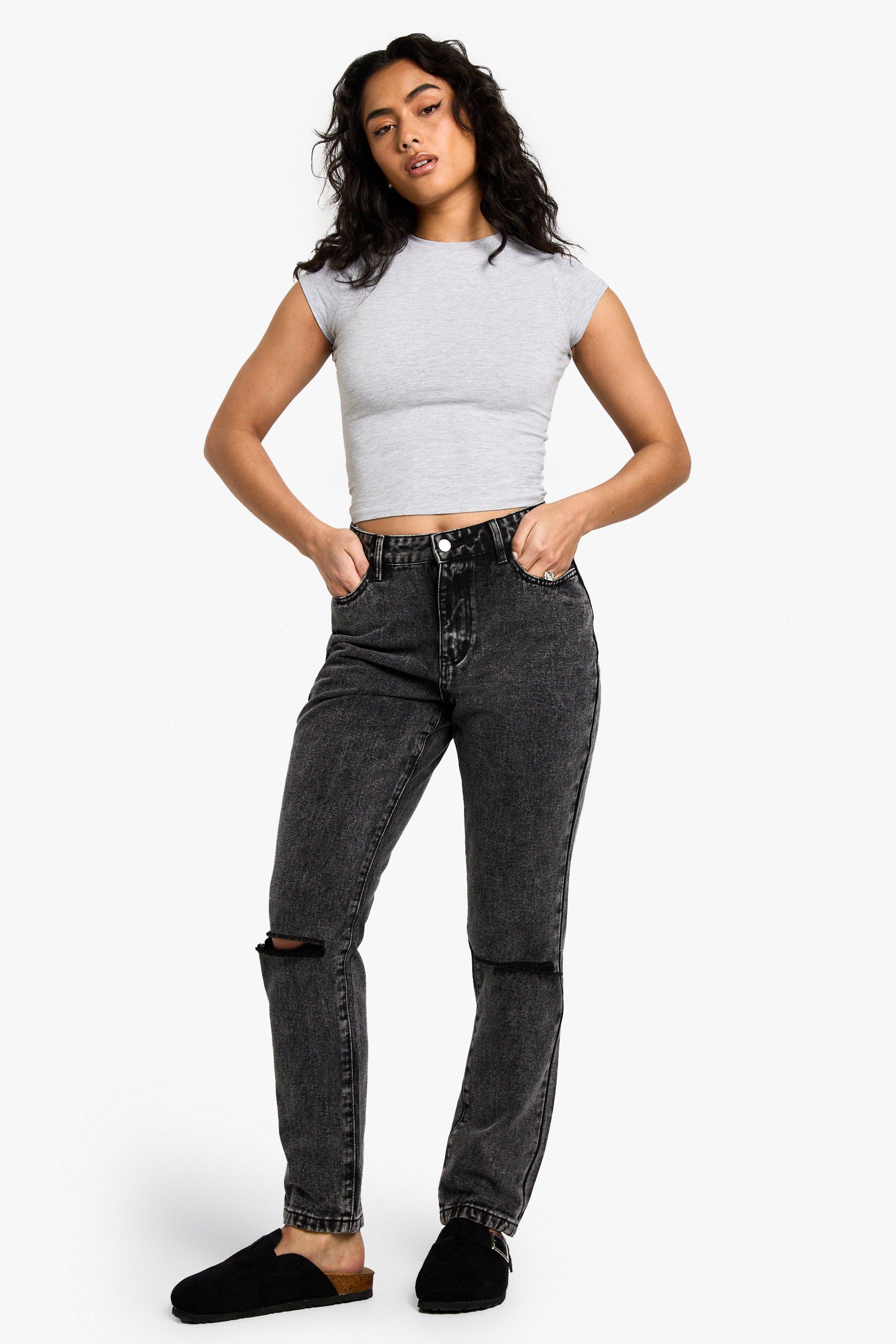 Boohoo Basics High Waisted Ripped Mom Jeans, Washed Black