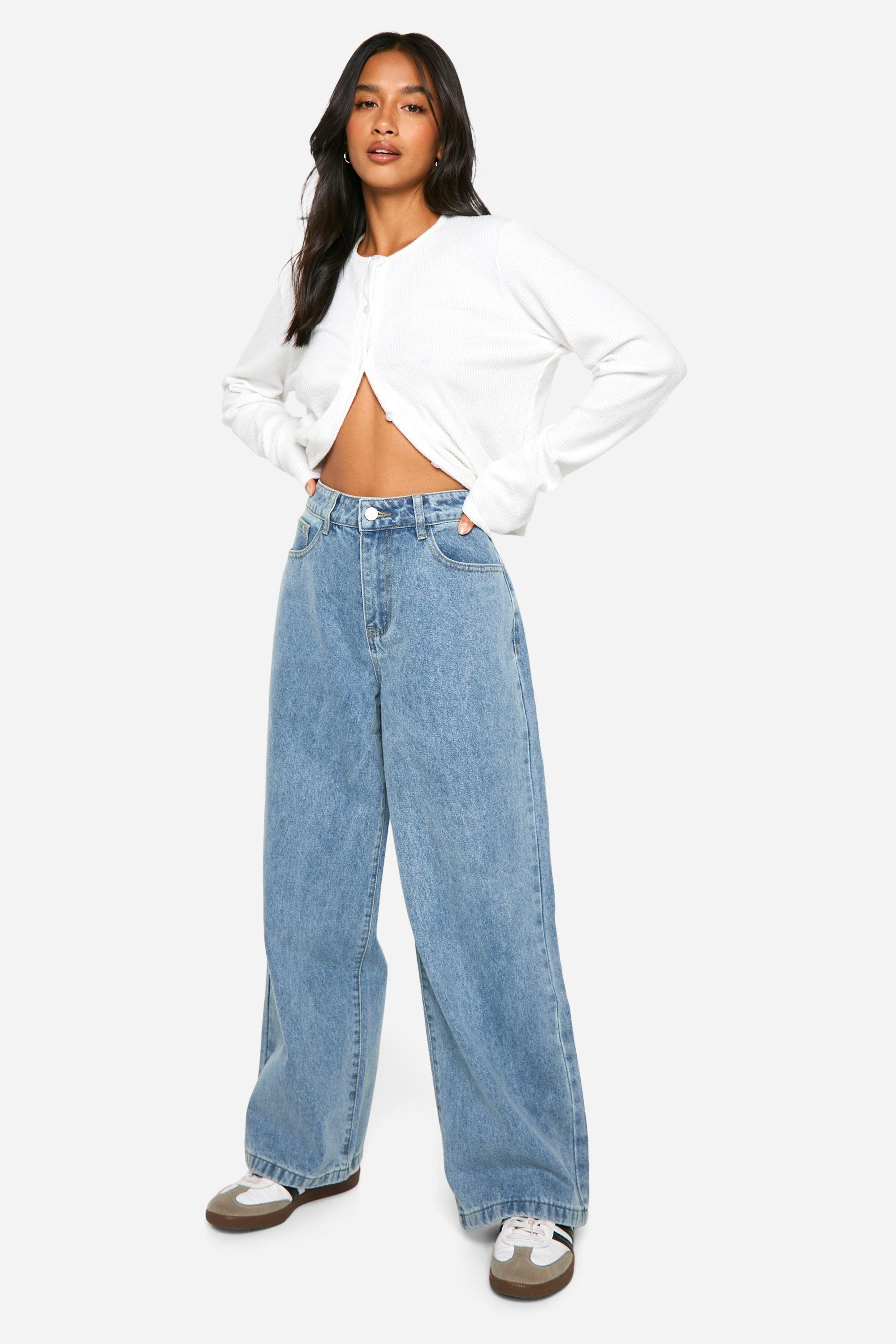 Boohoo Petite Basic High Waist Super Wide Leg Jeans, Washed Blue