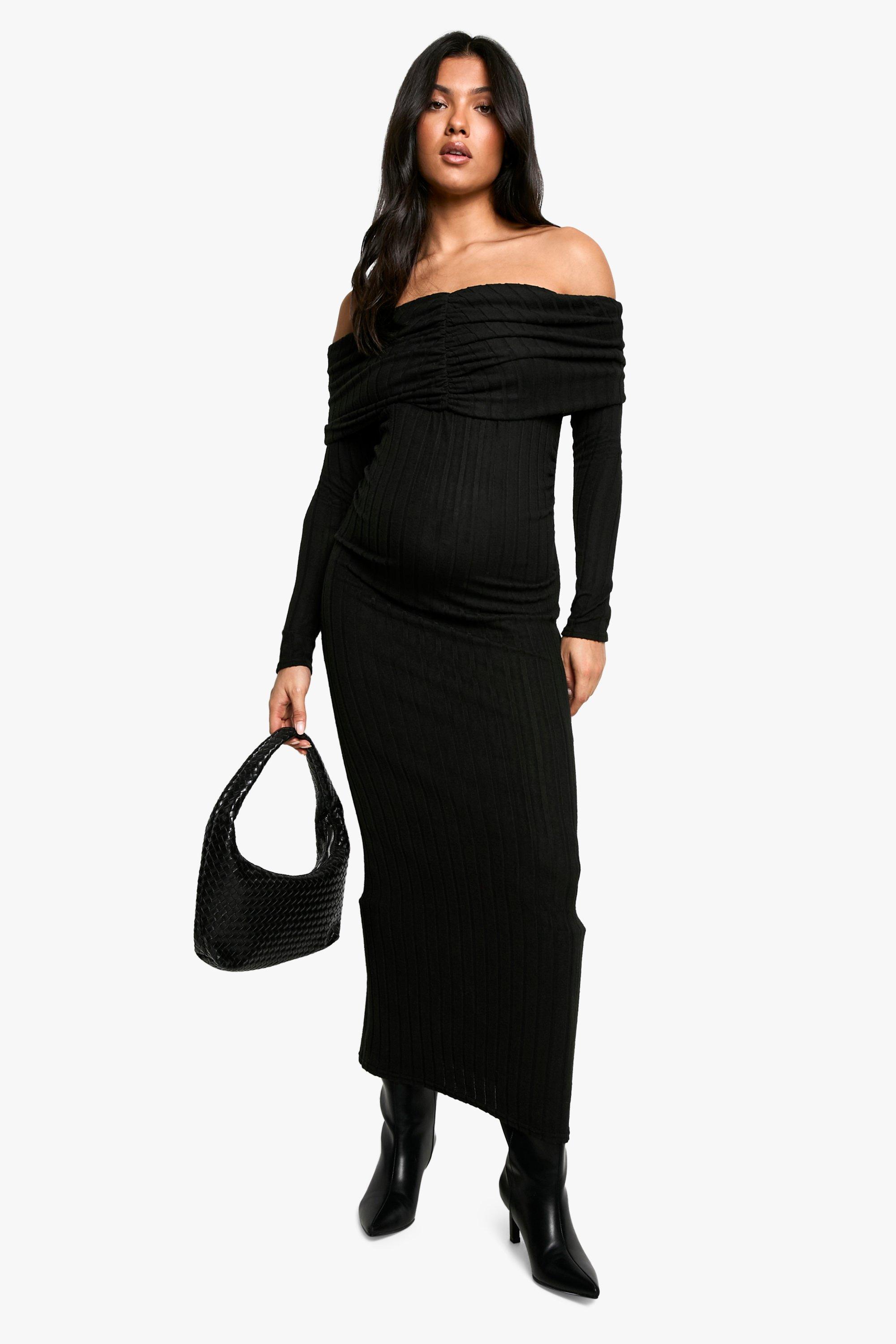 Boohoo Zwangerschap Maxi Jurk Met Lange Mouwen, Textuur En Uitgesneden Hals, Black