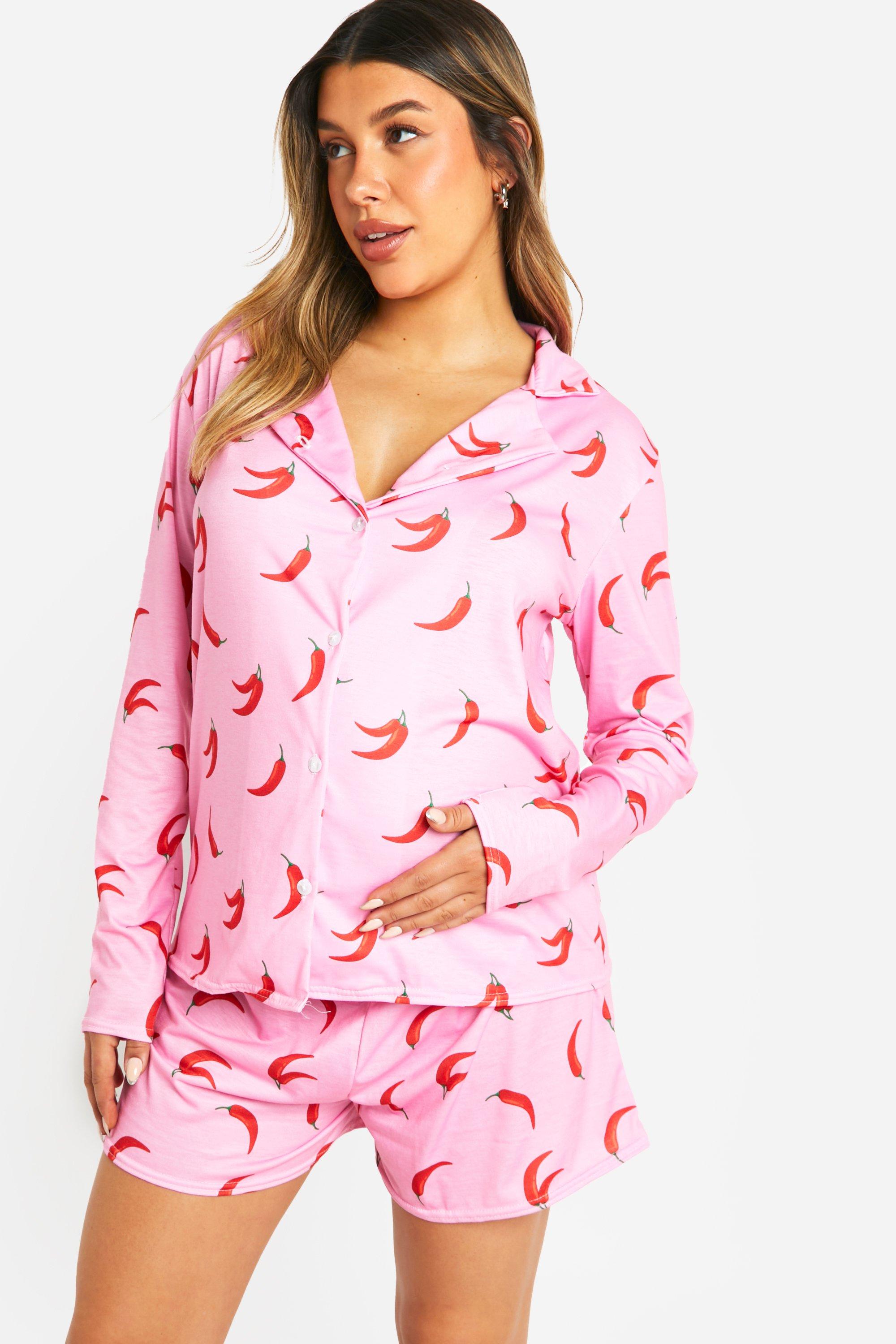 Womens Maternity Chilli Print Long Sleeve Shirt & Short Pj Set - Pink - 16, Pink