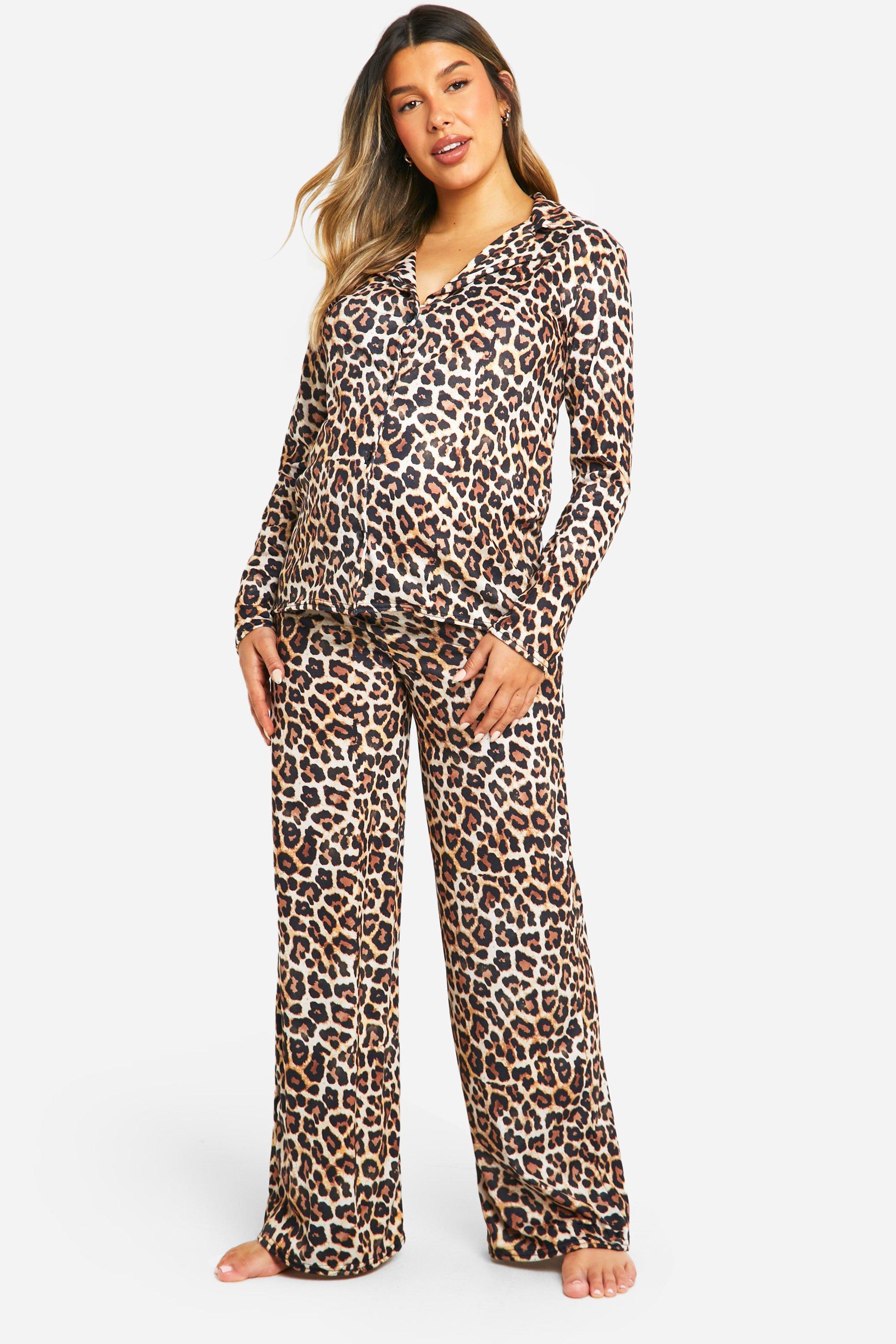 Womens Maternity Leopard Print Long Sleeve Shirt & Trouser Pj Set - Brown - 10, Brown