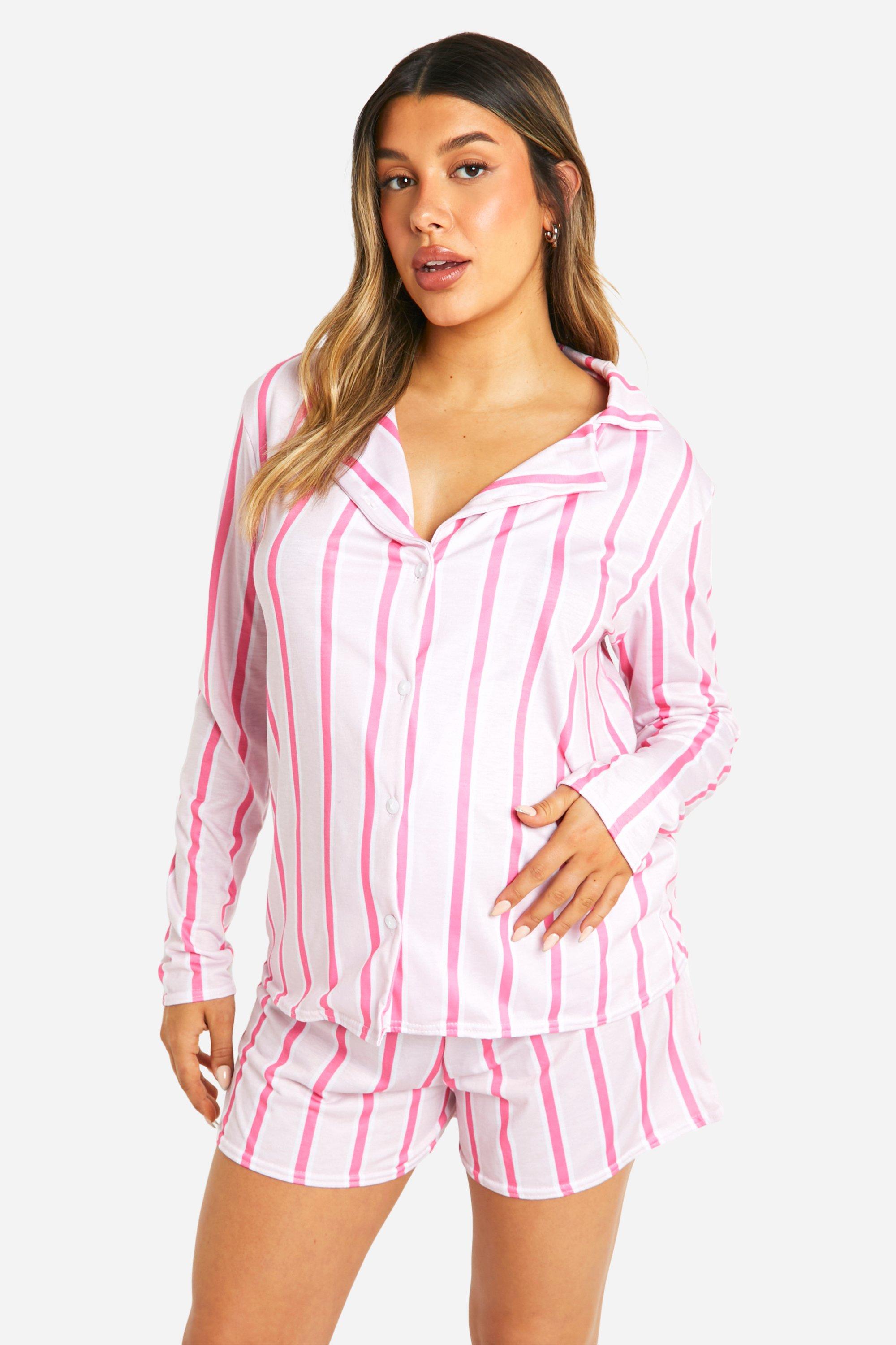 Womens Maternity Stripe Long Sleeve Shirt & Short Pj Set - Pink - 14, Pink