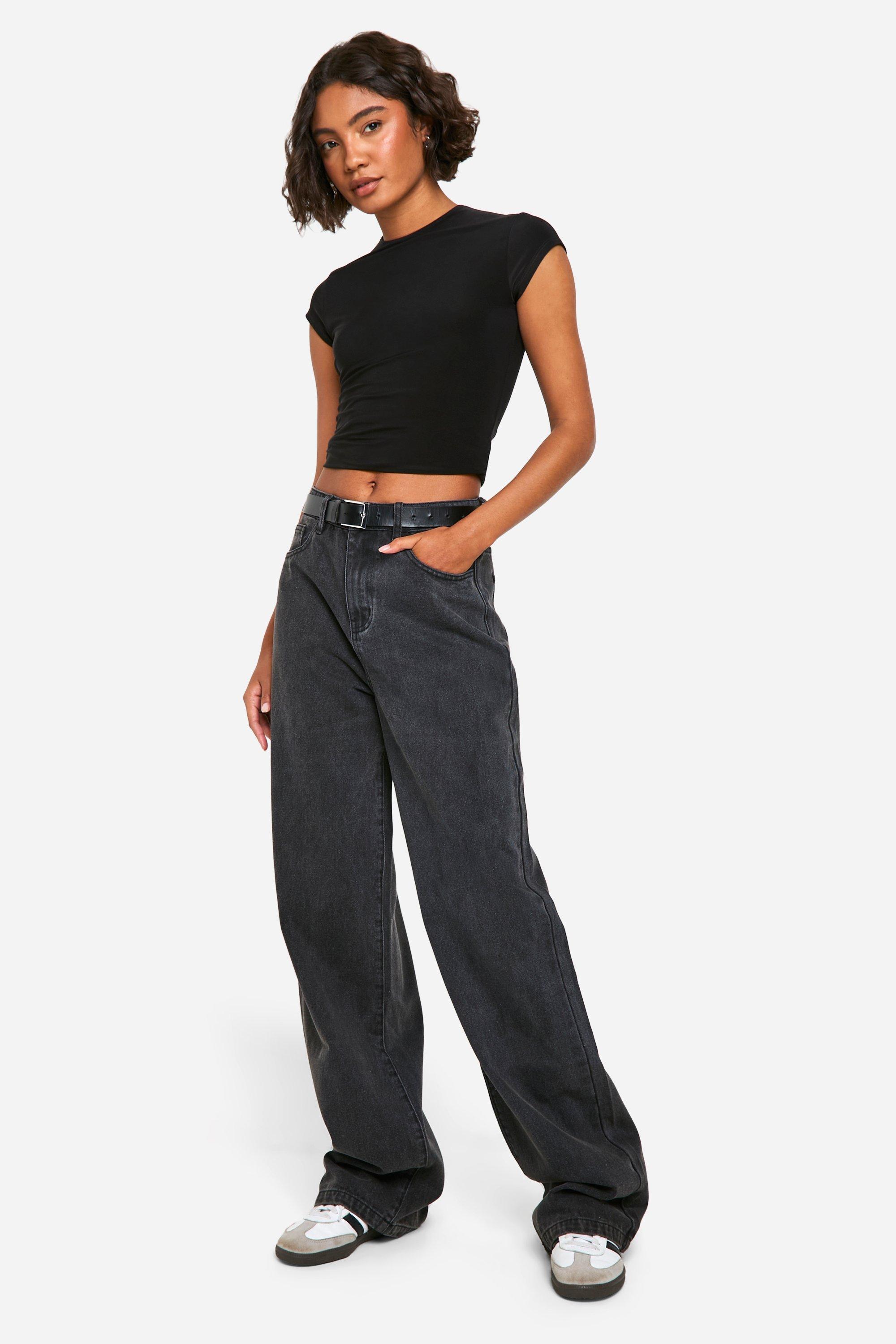 Boohoo Tall Basic High Waist Wide Leg Jeans, Washed Black