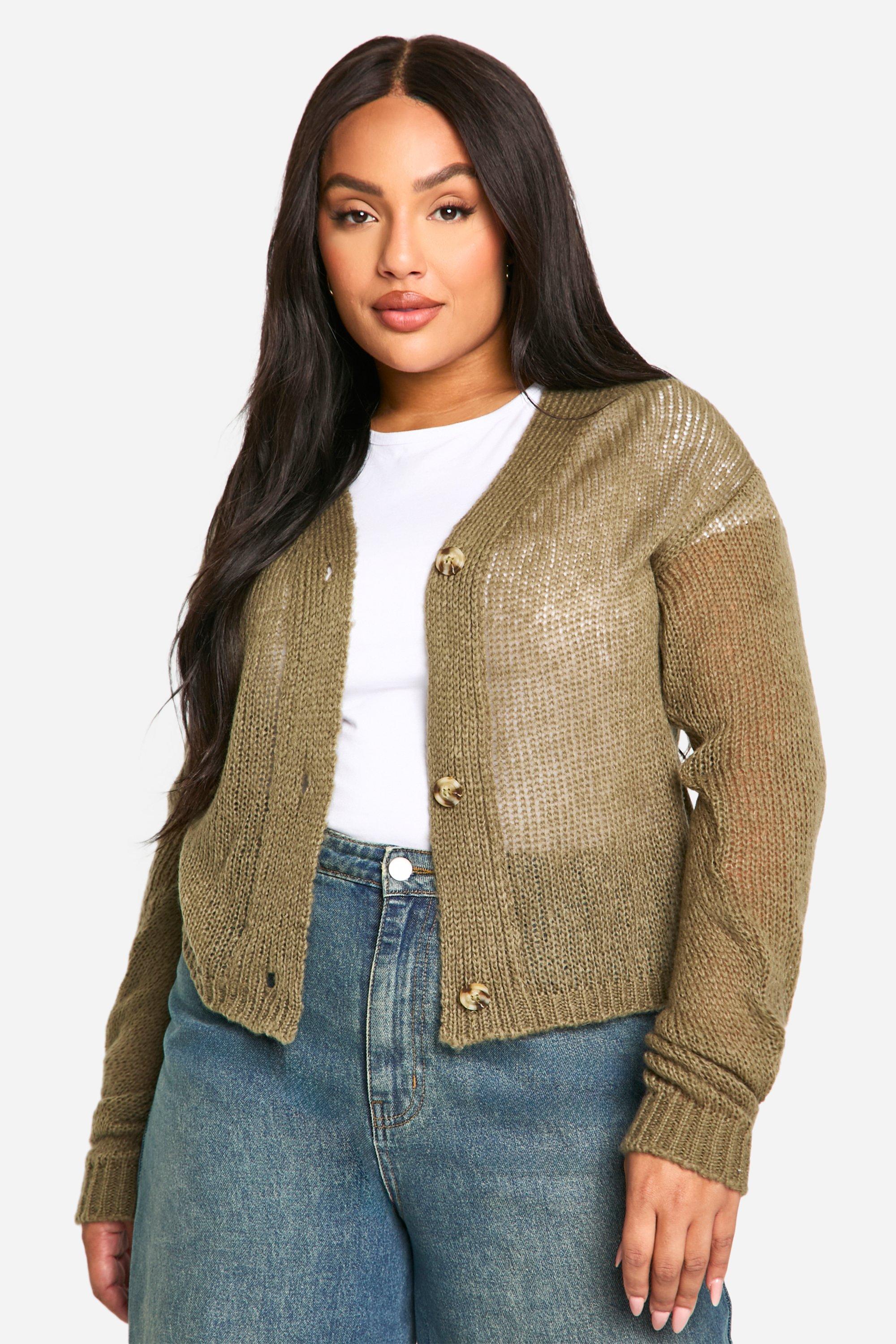 Boohoo Plus Gebreide Korte Cardigan, Olive