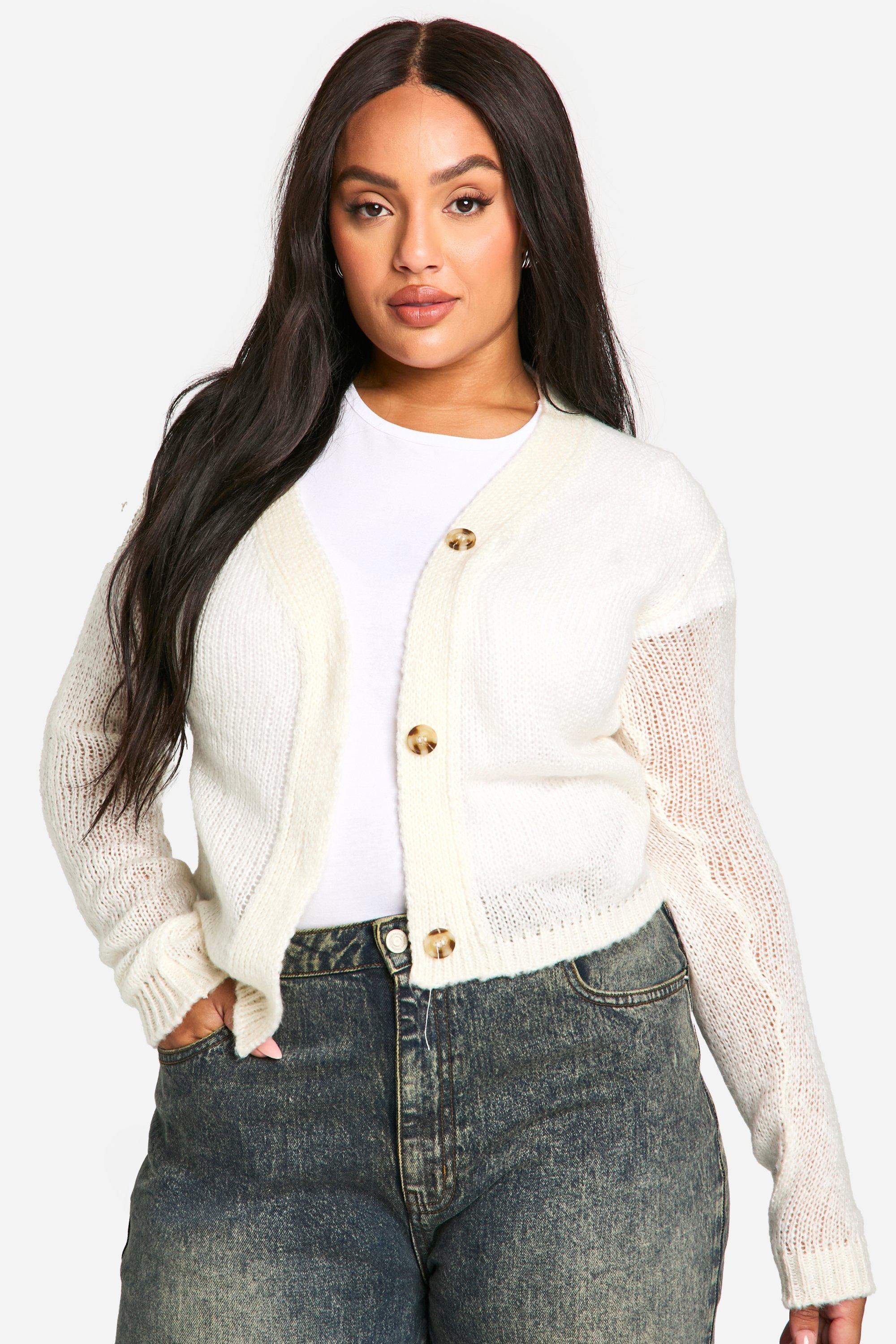 Boohoo Plus Gebreide Korte Cardigan, Cream