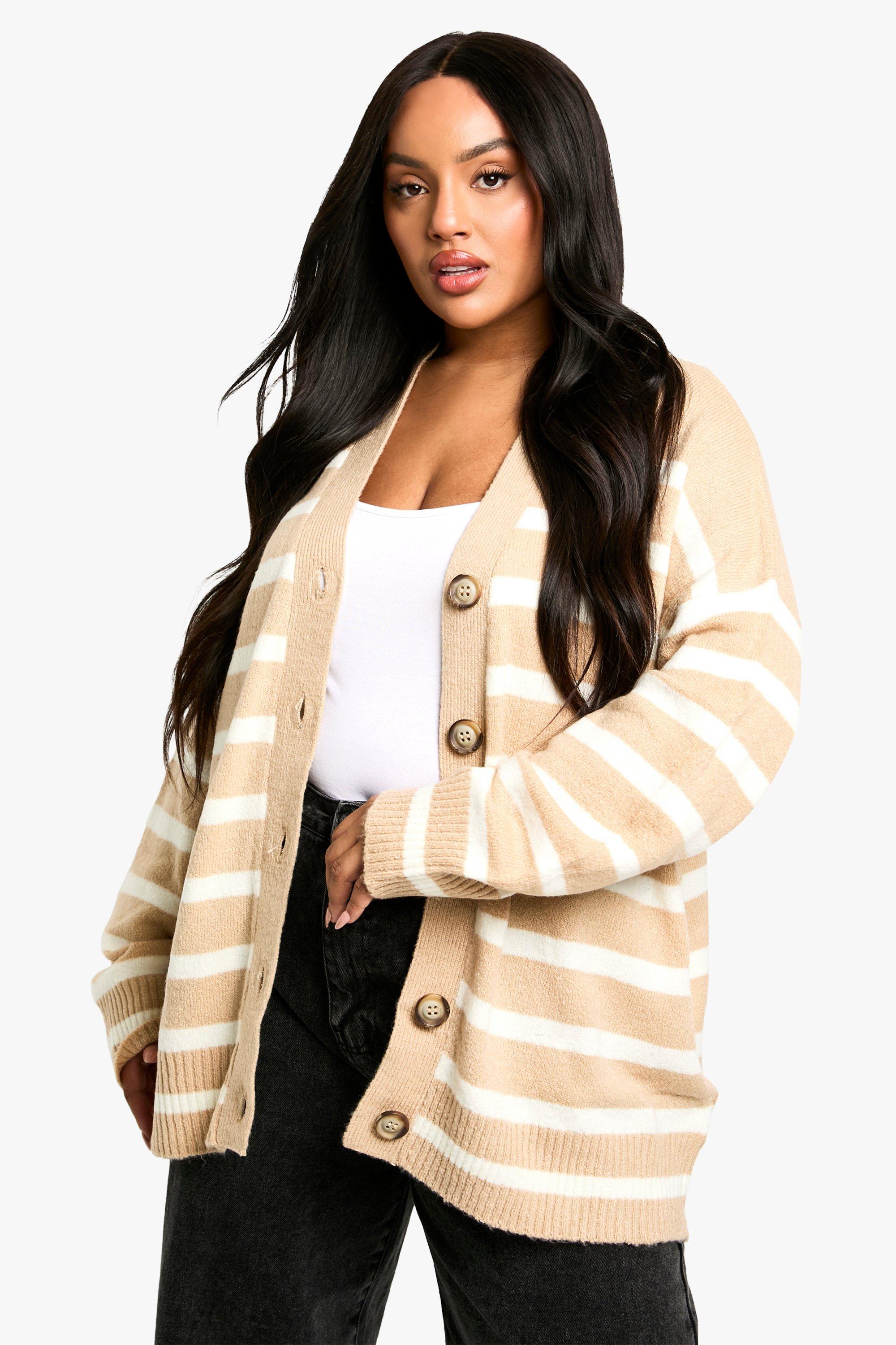 Boohoo Plus Gestreepte Cardigan, Biscuit