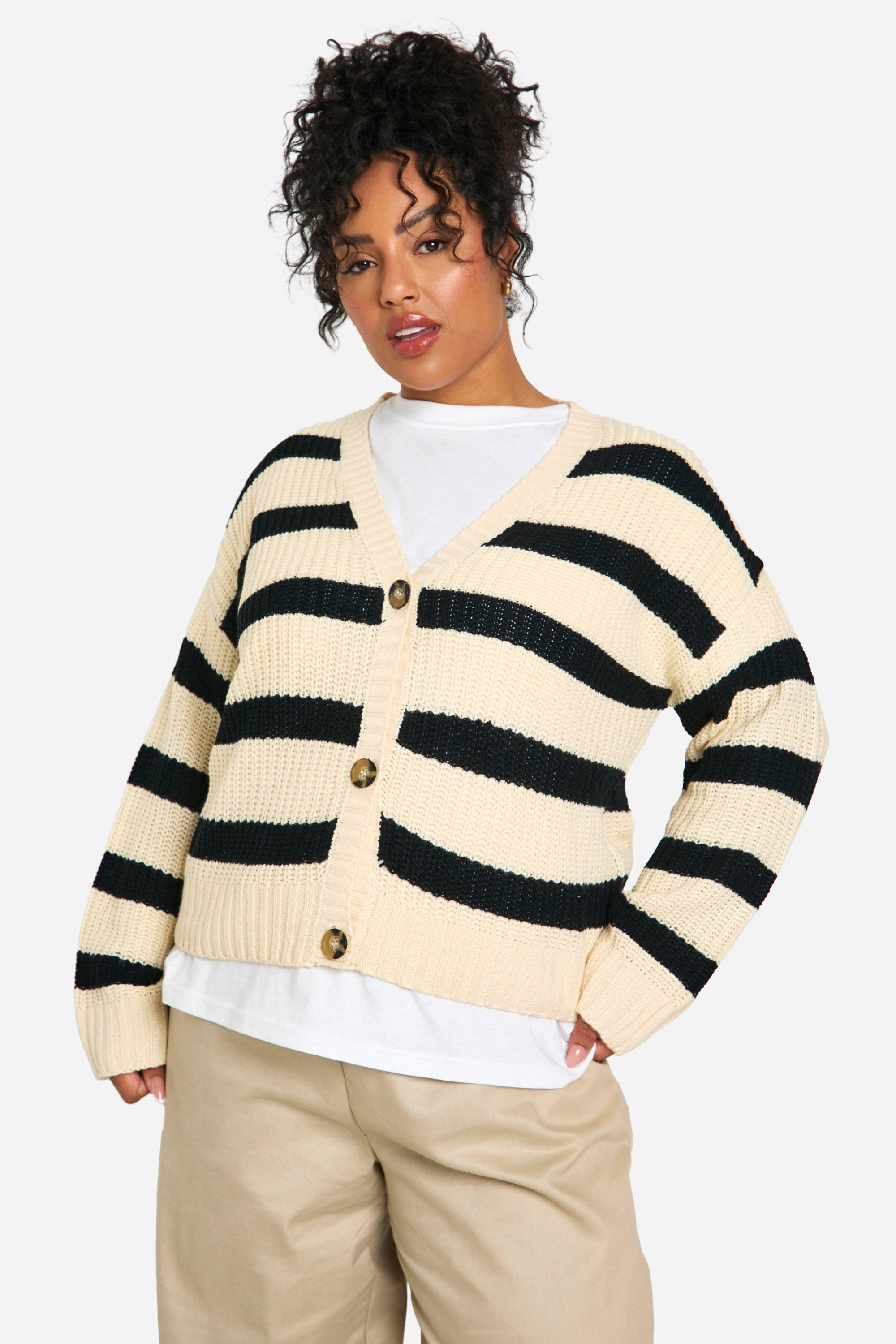 Boohoo Plus Gestreepte Cardigan Met V-Hals, Oatmeal