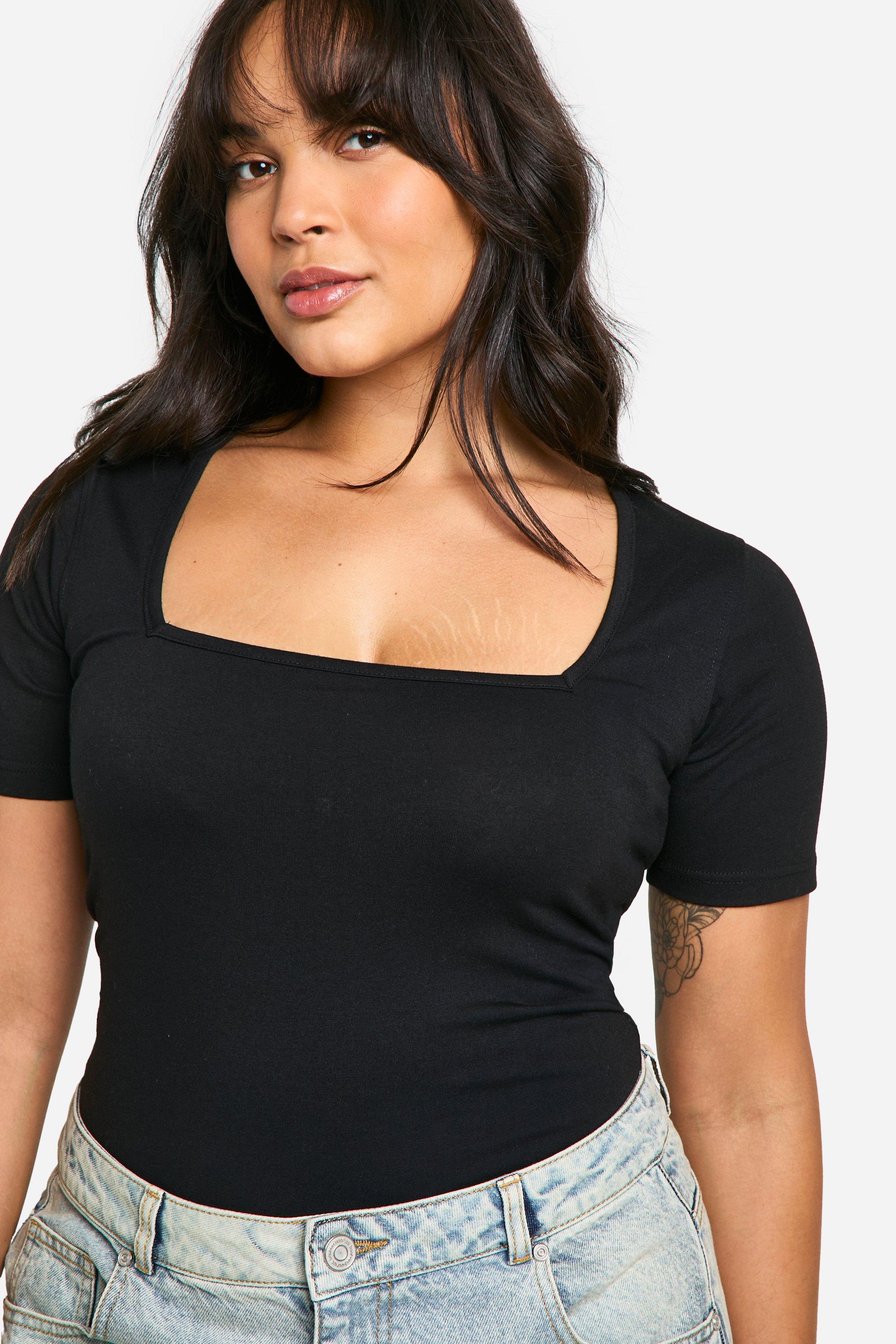 Image of Body Plus Size a maniche corte in cotone con scollo quadrato, Nero