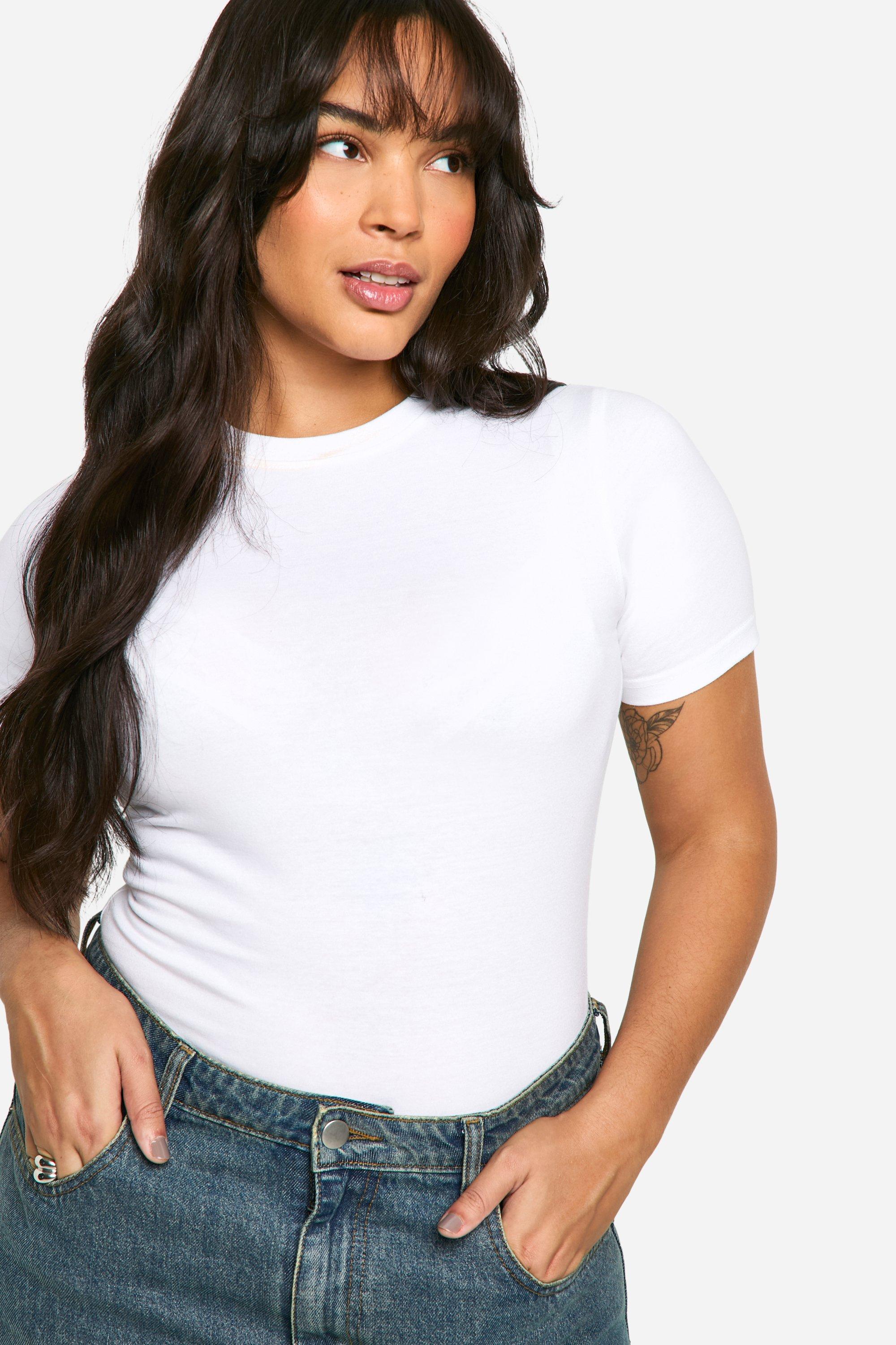 Image of T-shirt a girocollo Plus Size sagomata in cotone, Bianco