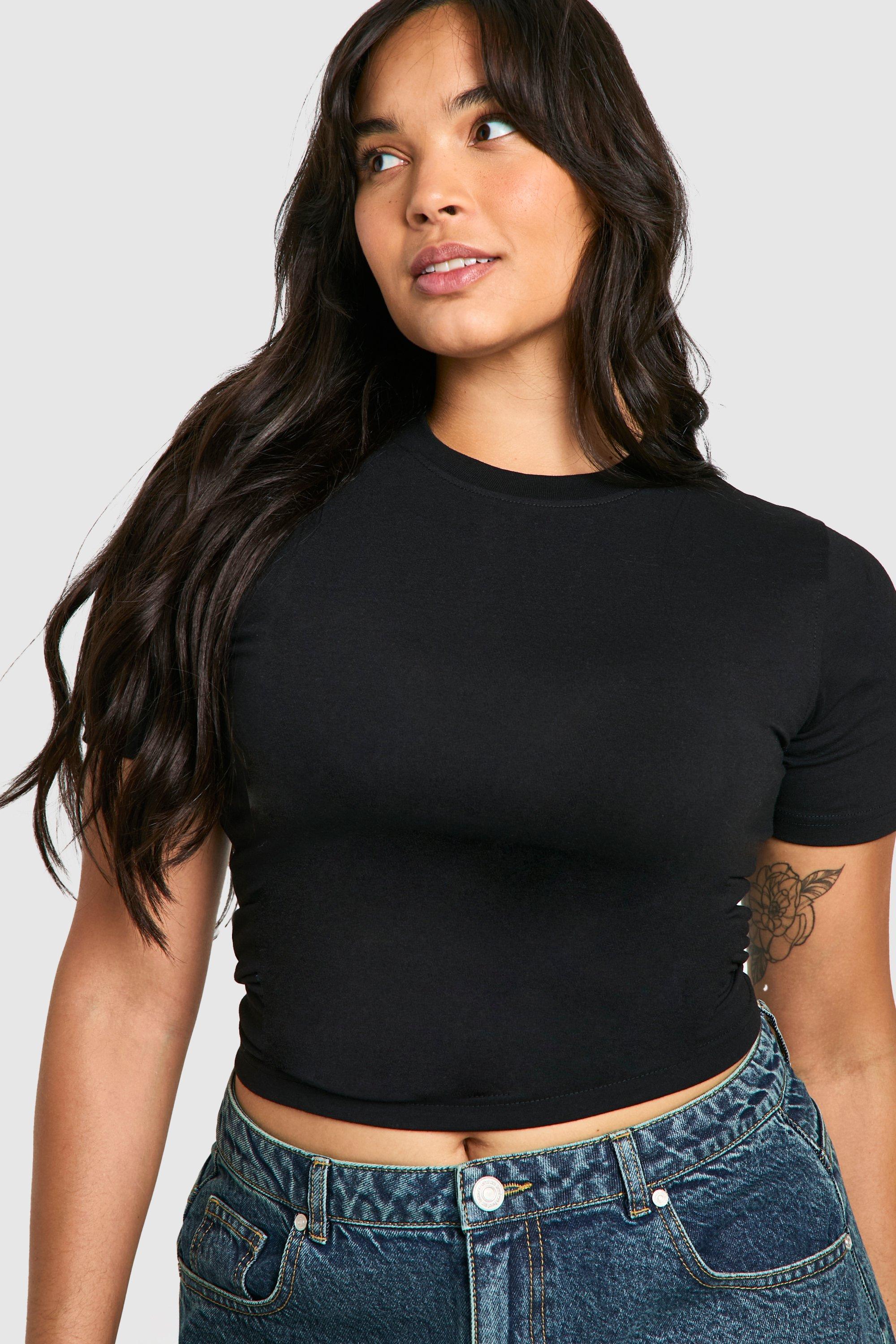 Image of T-shirt a girocollo Plus Size sagomata in cotone, Nero