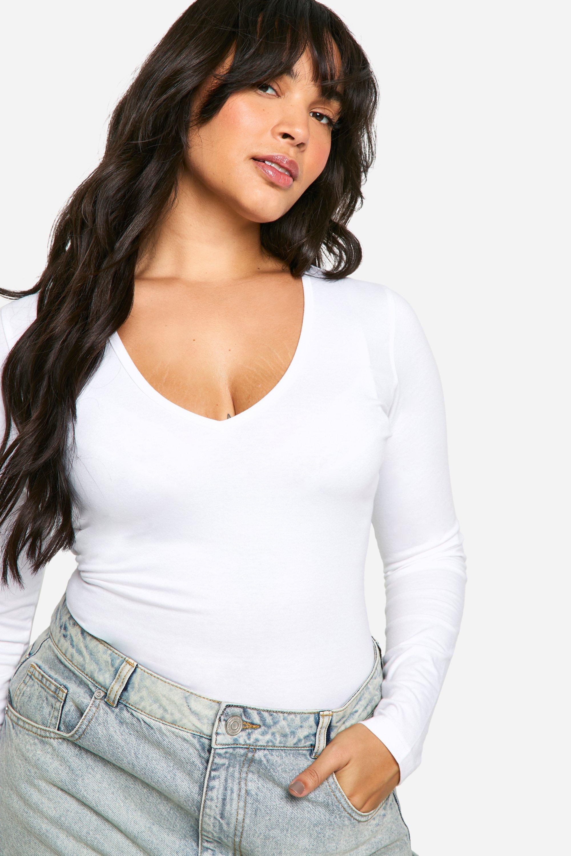 Image of Body Plus Size a maniche lunghe in cotone con scollo profondo, Bianco