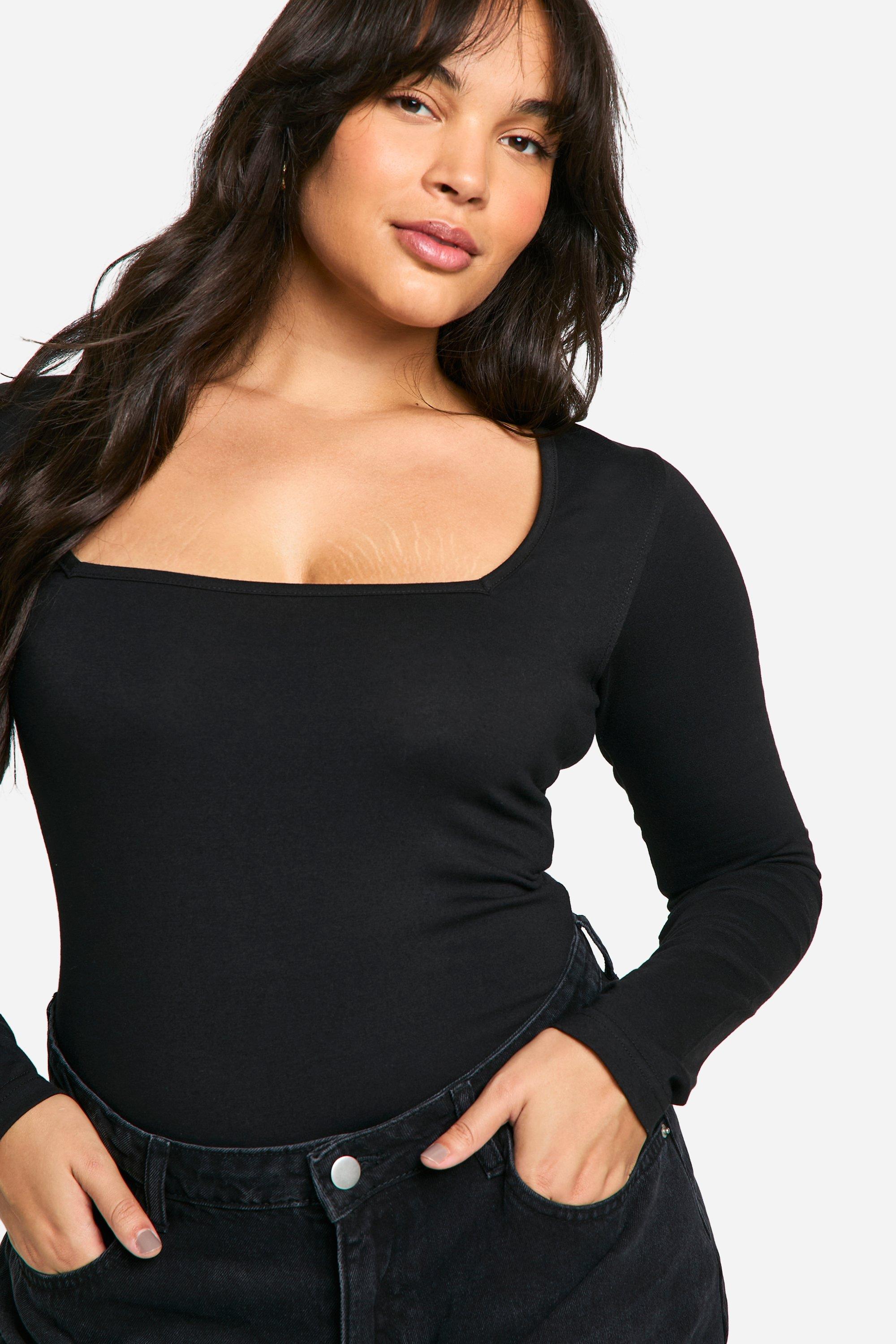 Image of Body Plus Size a maniche lunghe in cotone con scollo quadrato, Nero