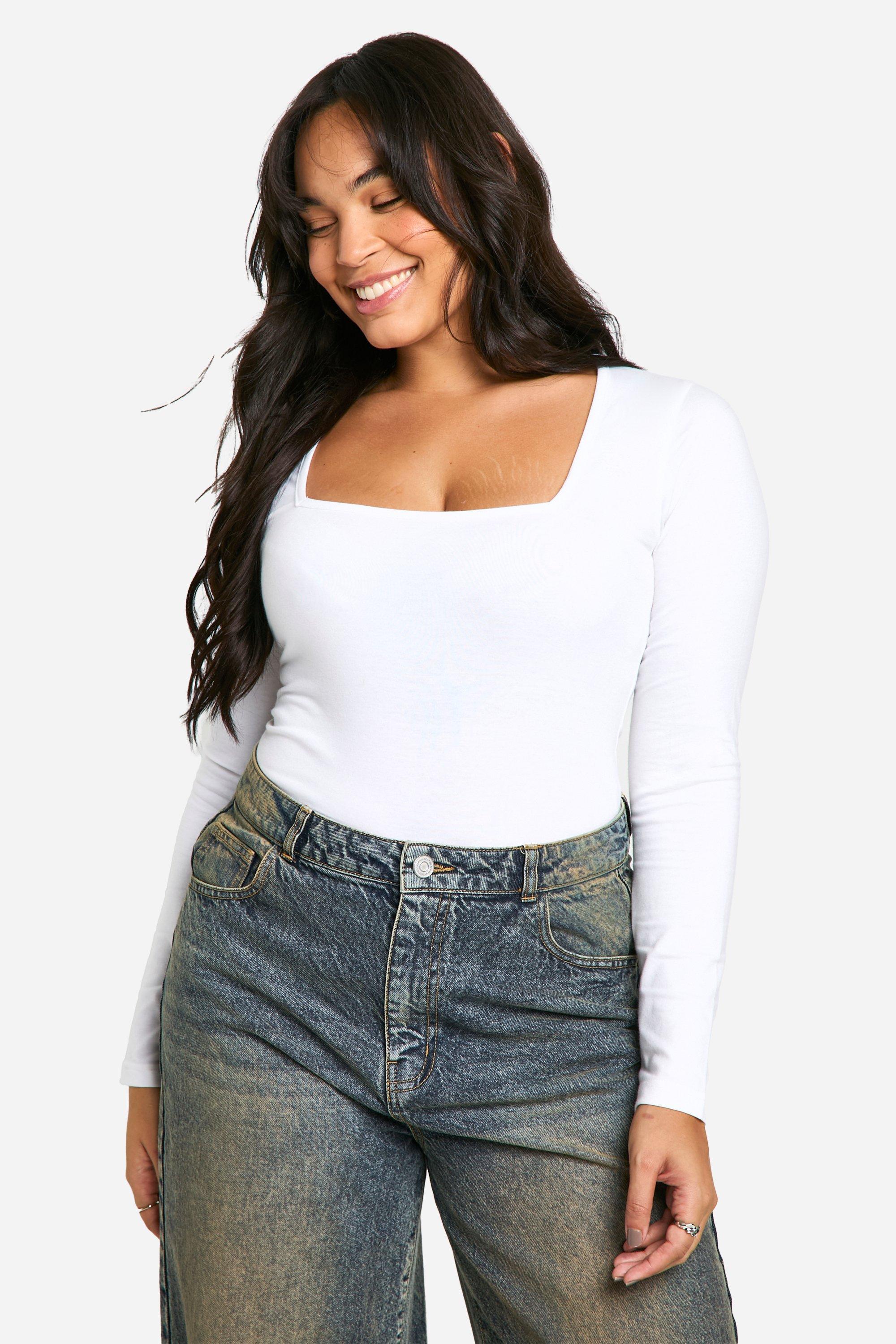 Image of Body Plus Size a maniche lunghe in cotone con scollo quadrato, Bianco