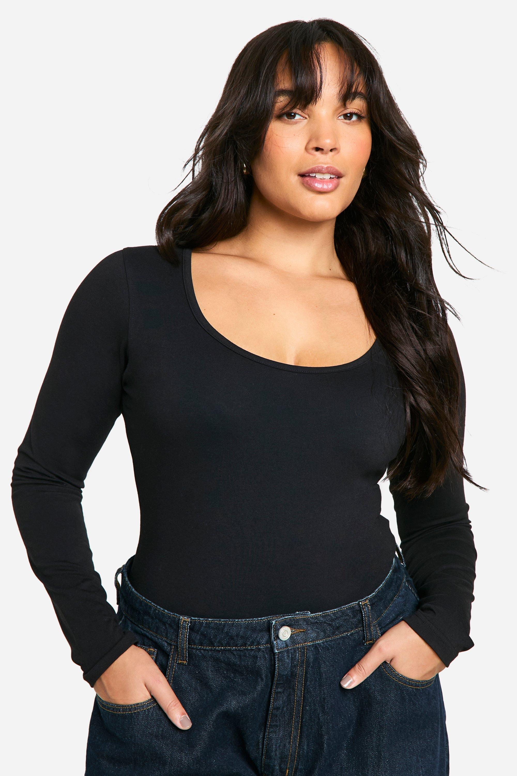 Image of Body Plus Size a maniche lunghe in cotone con scollo rotondo, Nero