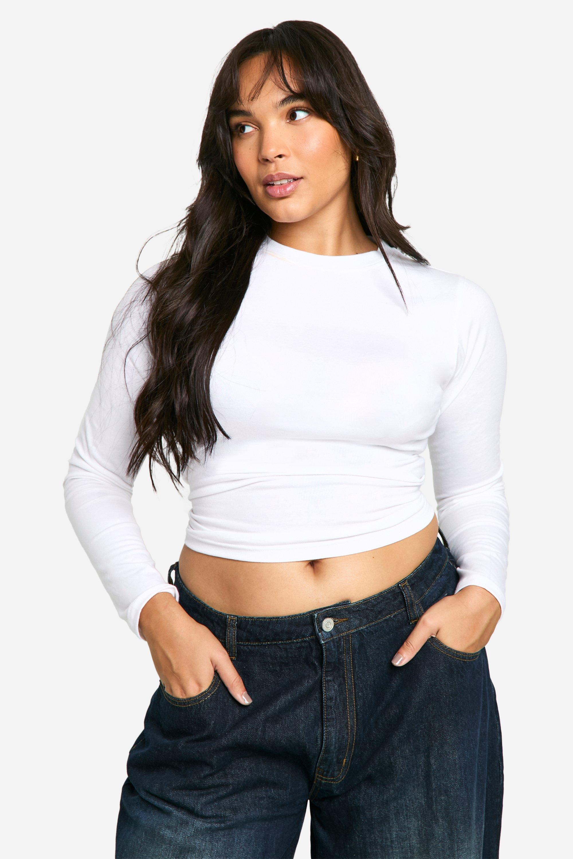 Image of T-shirt Plus Size a girocollo sagomata a maniche lunghe, Bianco